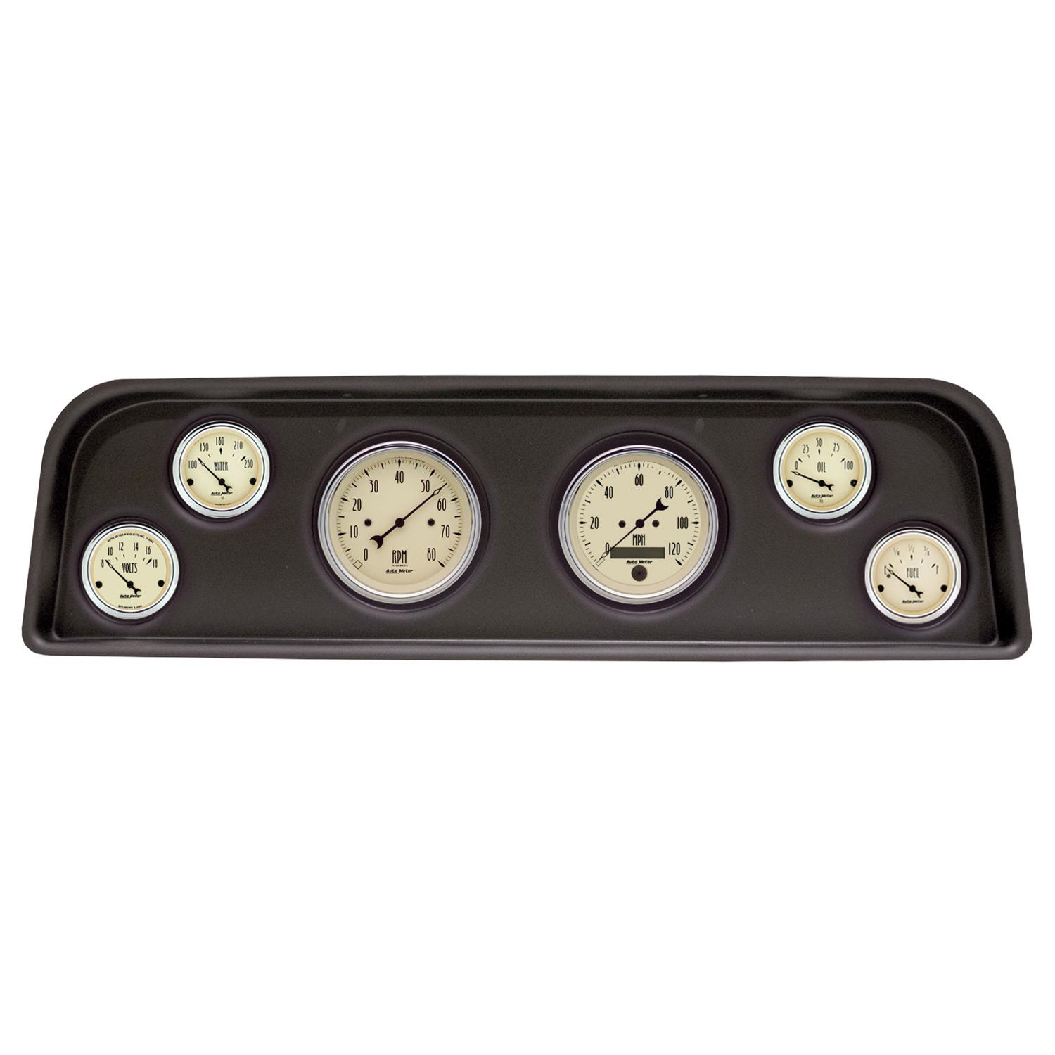 AutoMeter Antique Beige Instrument Clusters 2104-02 Gauge Kit, Series, Analog, Speedometer, Tachometer, Oil, Water, Volts, Fuel, Black Numbers and Pointers, Black Panel, Chevy, Kit