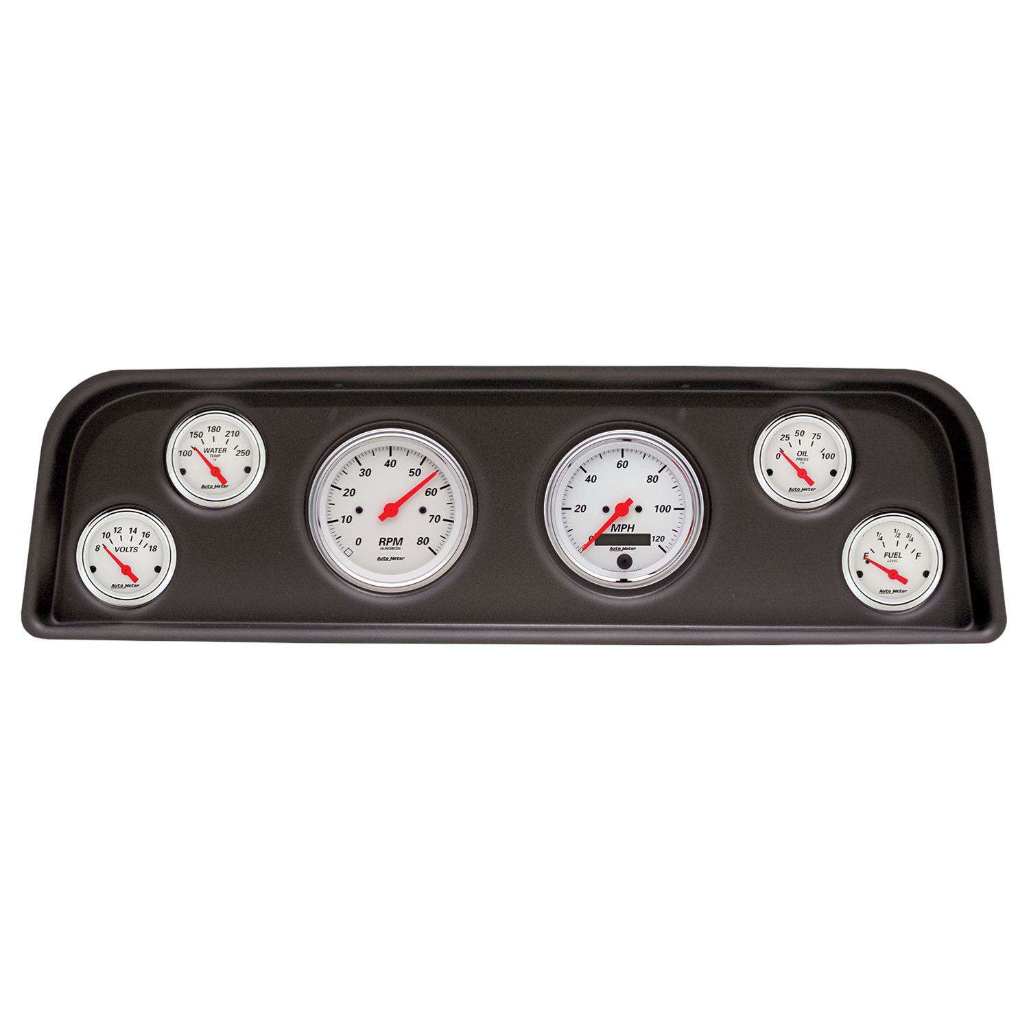 AutoMeter Arctic White Instrument Clusters 2104-03 Gauge Kit, Series, Analog, Speedometer, Tachometer, Oil, Water, Volts, Fuel, Black Numbers, Red Pointers, Black Panel, Chevy, Kit