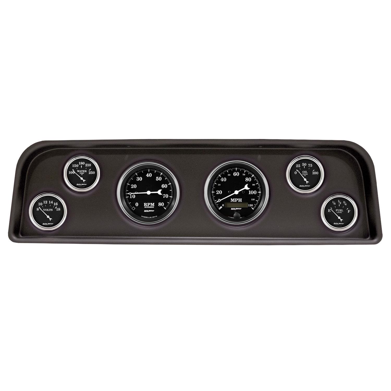 AutoMeter Old Tyme Black Series Instrument Clusters 2104-07 Gauge Kit, Black, Analog, Speedometer, Tachometer, Oil, Water, Volts, Fuel, White Numbers and Pointers, Panel, Chevy, Kit