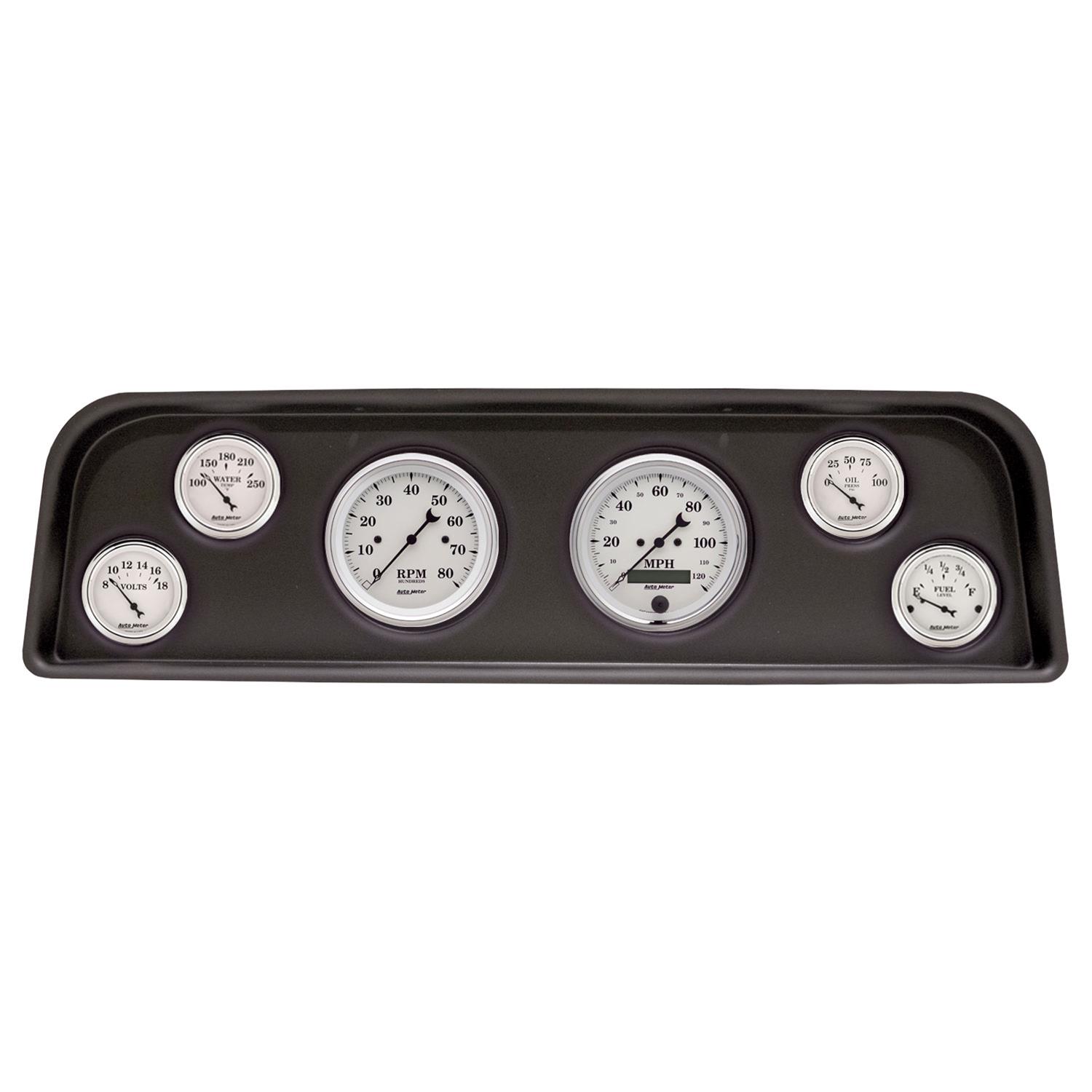 AutoMeter Old Tyme White Series Instrument Clusters 2104-08 Gauge Kit, White, Analog, Speedometer, Tachometer, Oil, Water, Volts, Fuel, Black Numbers and Pointers, Black Panel, Chevy, Kit