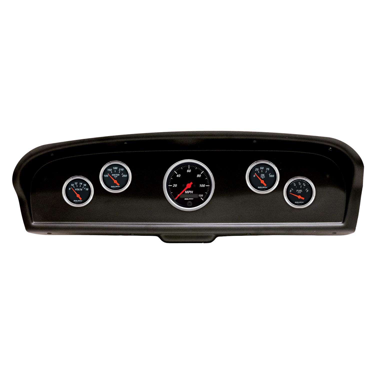 AutoMeter Designer Black Instrument Clusters 2105-06 Gauge Kit, Black, Analog, Speedometer, Oil, Water, Volts, Fuel, White Numbers, Red Pointers, Panel, Ford, Kit