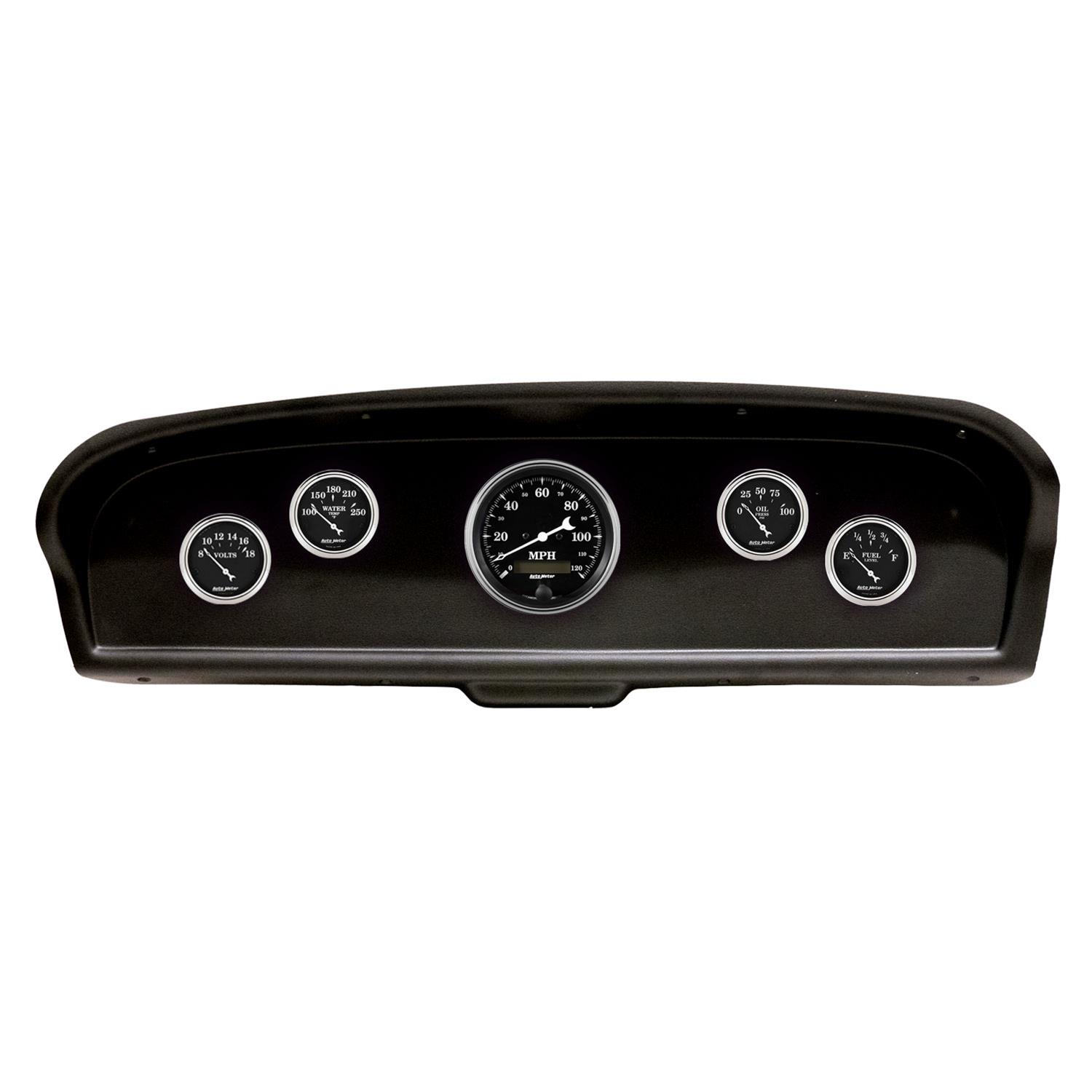 AutoMeter Old Tyme Black Series Instrument Clusters 2105-07 Gauge Kit, Black, Analog, Speedometer, Oil, Water, Volts, Fuel, White Numbers and Pointers, Panel, Ford, Kit
