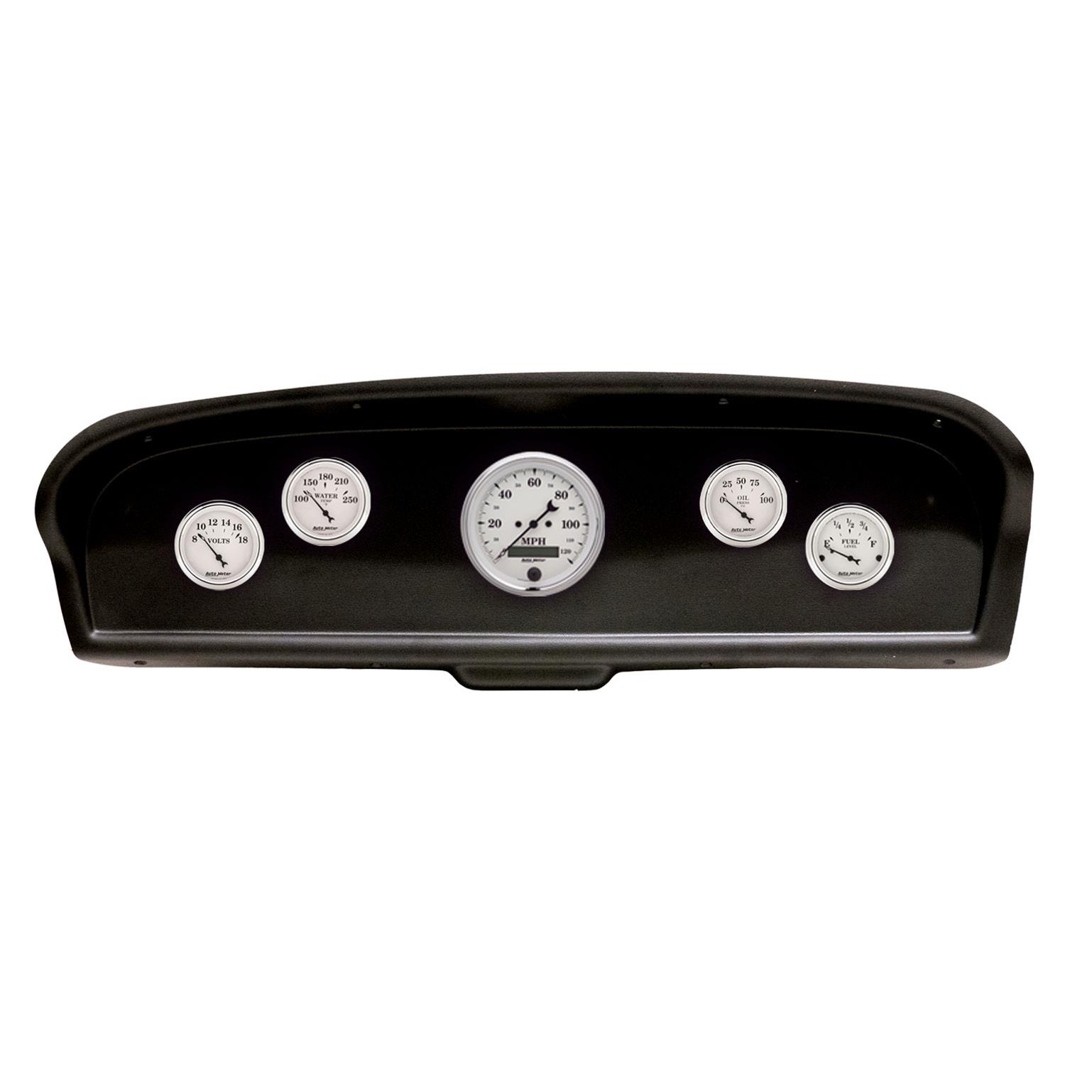 AutoMeter Old Tyme White Series Instrument Clusters 2105-08 Gauge Kit, White, Analog, Speedometer, Oil, Water, Volts, Fuel, Black Numbers and Pointers, Black Panel, Ford, Kit