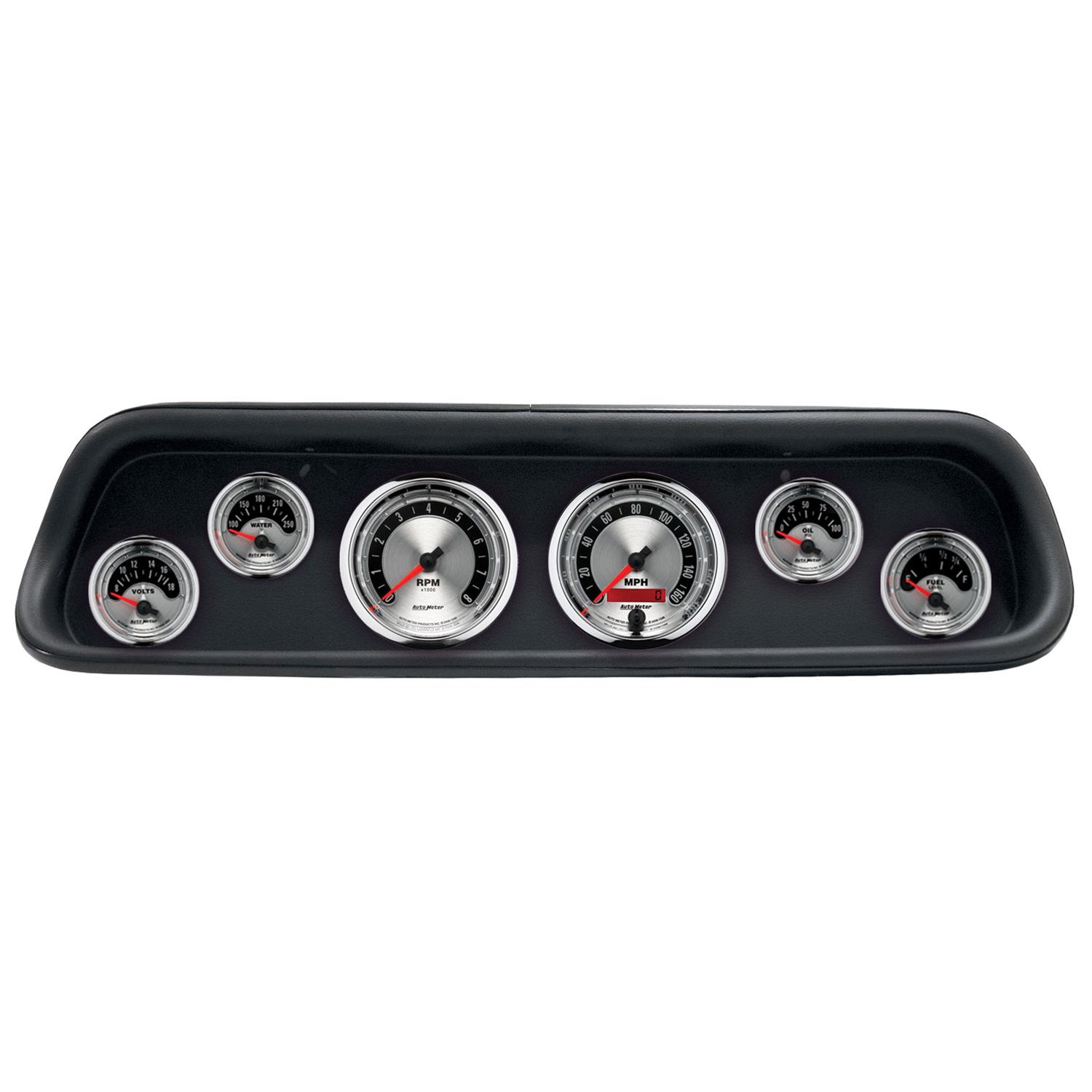 AutoMeter American Muscle Instrument Clusters for 1964-1965 MUSTANG - 2107-01 Gauge Kit, Muscle, Analog, Silver Face, Speedo, Tach, Oil, Water, Volts, Fuel, White Numbers, Red Pointers, Black Panel, Ford, Kit