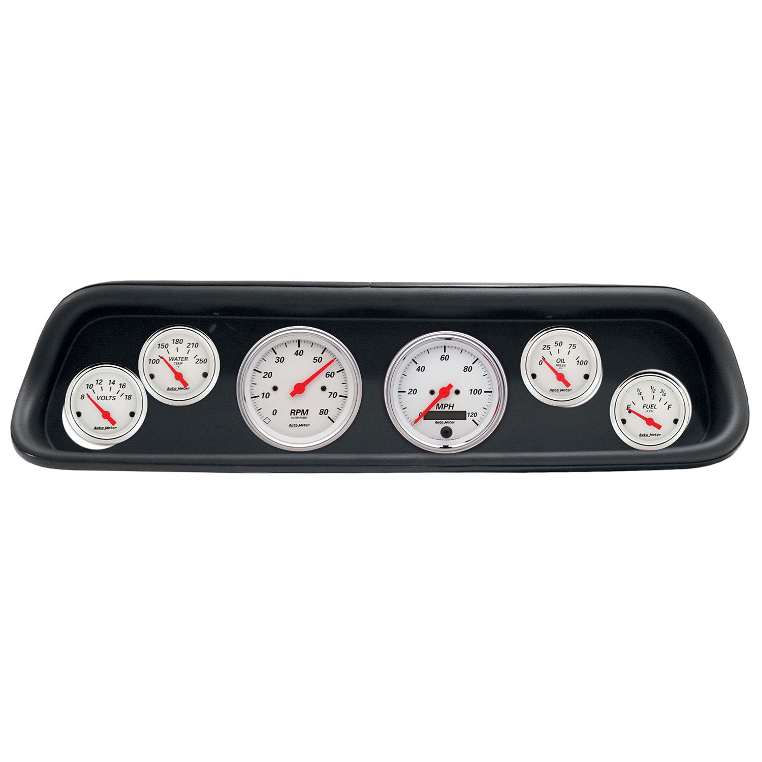 AutoMeter Arctic White Instrument Clusters for 1964-1965 MUSTANG - 2107-03 Gauge Kit, Series, Analog, Speedometer, Tach, Oil, Water, Volts, Fuel, Black Numbers, Red Pointers, Black Panel, Ford, Kit