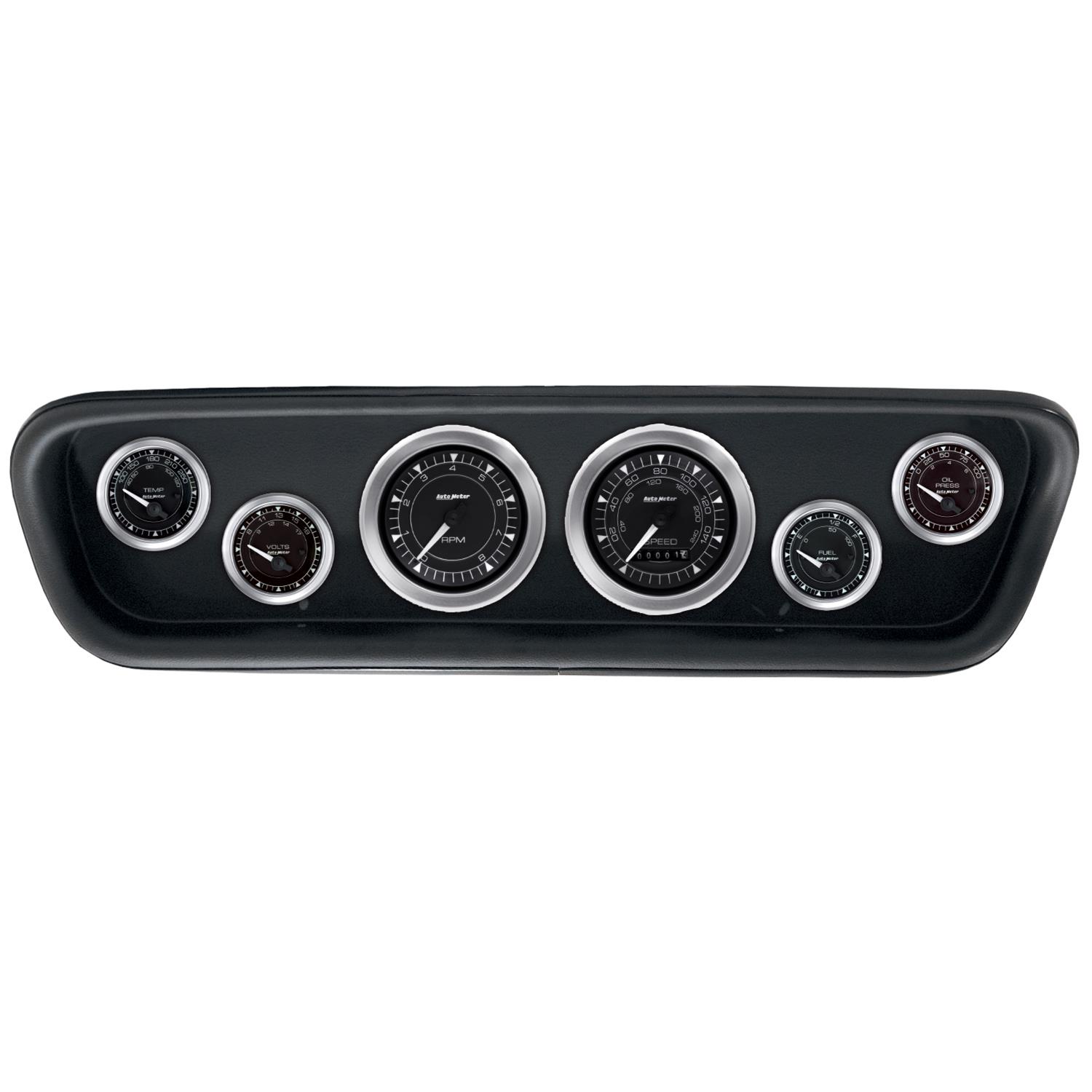 AutoMeter Chrono Instrument Clusters for 1964-1965 MUSTANG - 2107-04 Gauge Kit, Chrono, Analog, Black Face, Speedometer, Tach, Oil, Water, Volts, Fuel, White Numbers and Pointers, Black Panel, Ford, Kit