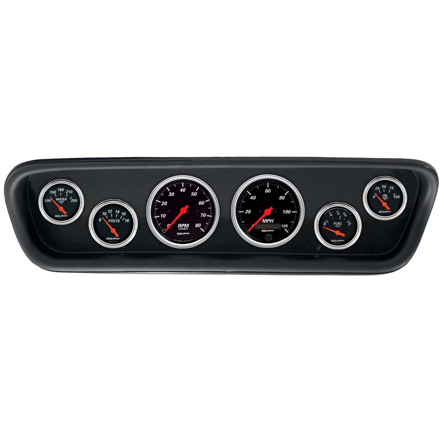 AutoMeter Designer Black Instrument Clusters for 1964-1965 MUSTANG - 2107-06 Gauge Kit, Black, Analog, Speedometer, Tach, Oil, Water, Volts, Fuel, White Numbers, Red Pointers, Panel, Ford, Kit