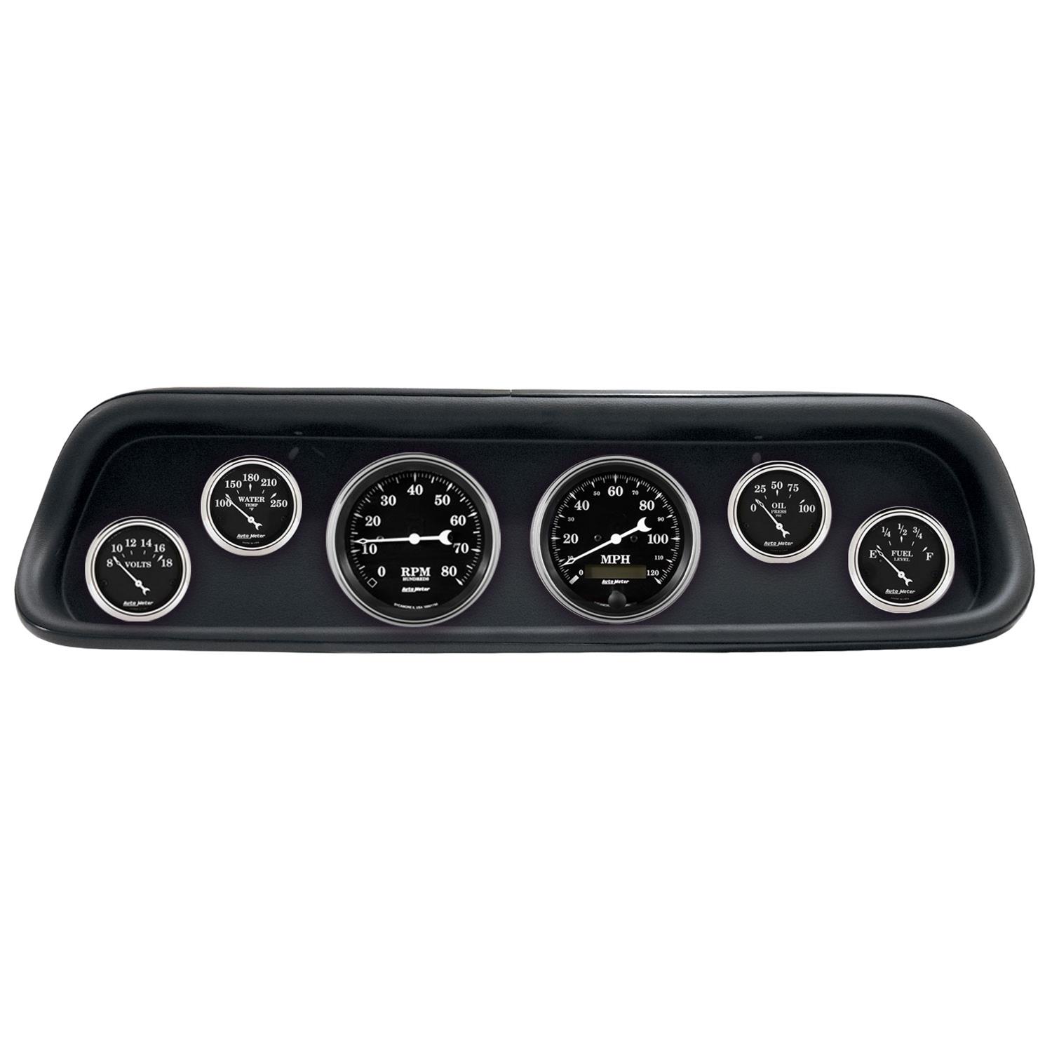 AutoMeter Old Tyme Black Series Instrument Clusters for 1964-1965 MUSTANG - 2107-07 Gauge Kit, Black, Analog, Speedometer, Tach, Oil, Water, Volts, Fuel, White Numbers and Pointers, Panel, Ford, Kit
