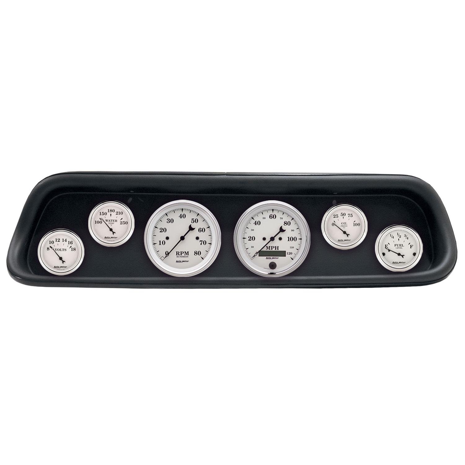 AutoMeter Old Tyme White Series Instrument Clusters for 1964-1965 MUSTANG - 2107-08 Gauge Kit, White, Analog, Speedometer, Tach, Oil, Water, Volts, Fuel, Black Numbers and Pointers, Black Panel, Ford, Kit