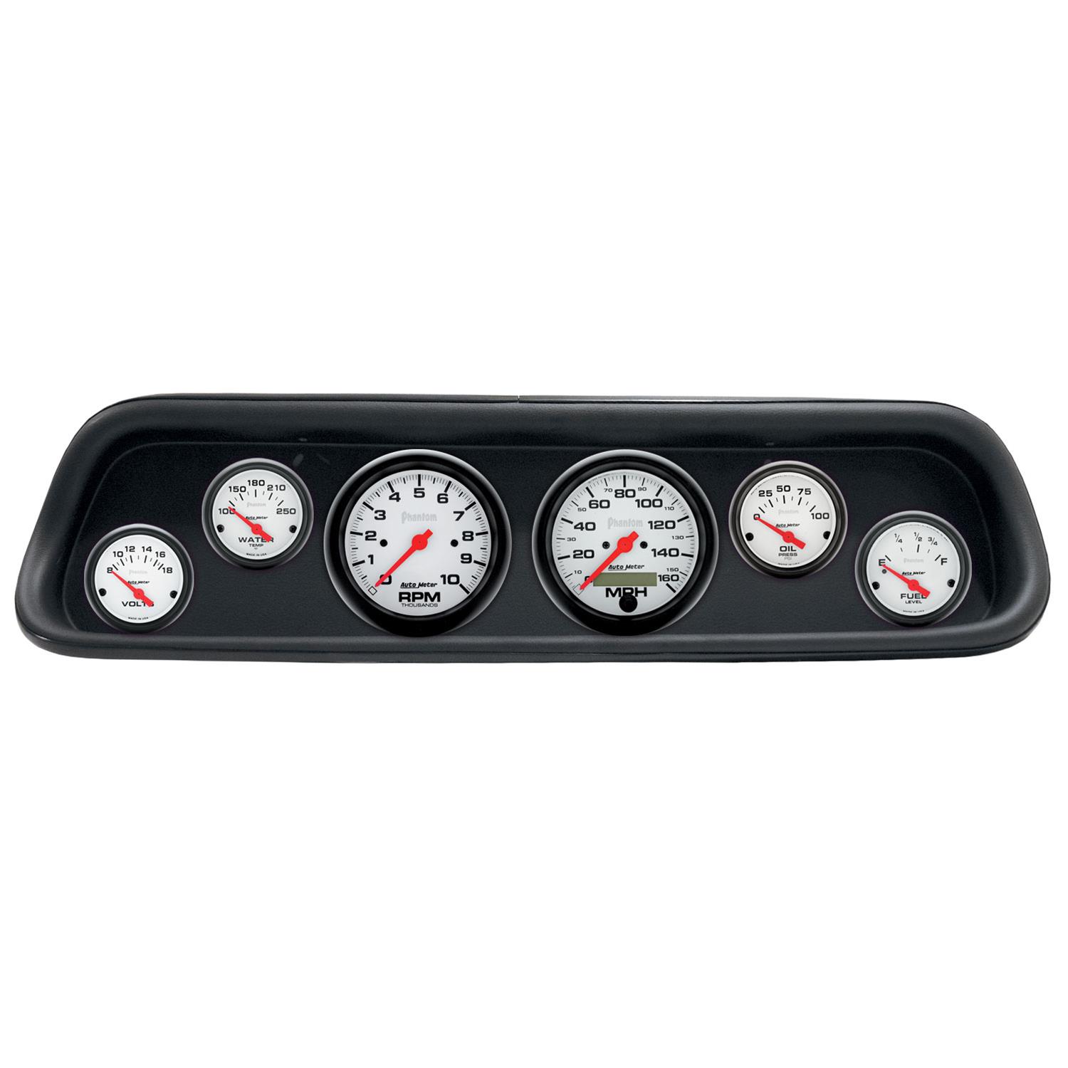 AutoMeter Phantom Instrument Clusters for 1964-1965 MUSTANG - 2107-09 Gauge Kit, Phantom, Analog, White Face, Speedometer, Tach, Oil, Water, Volts, Fuel, Black Numbers, Red Pointers, Black Panel, Ford, Kit