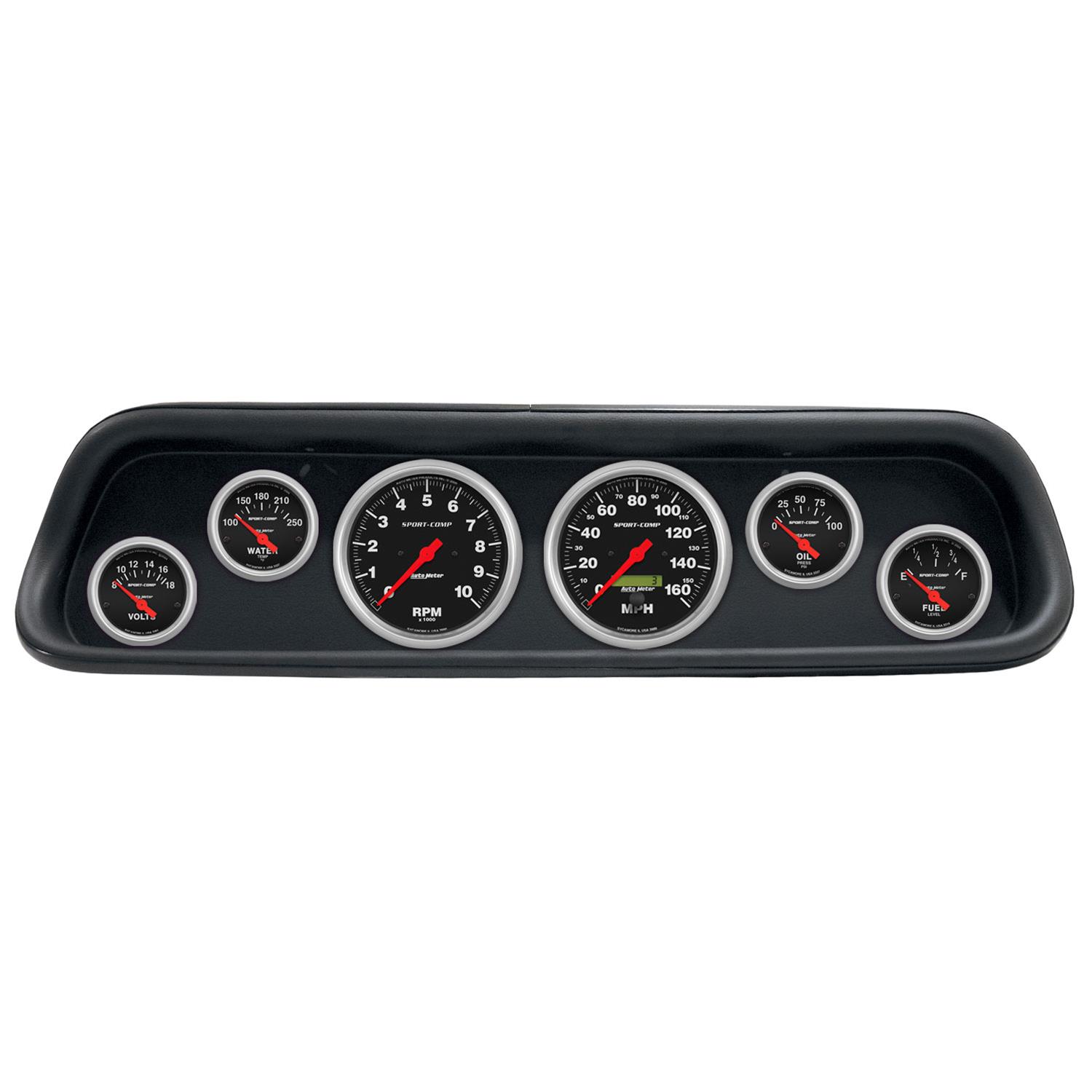 AutoMeter Sport-Comp Instrument Clusters for 1964-1965 MUSTANG - 2107-11 Gauge Kit, Sport-Comp, Analog, Black Face, Speedometer, Tach, Oil, Water, Volts, Fuel, White Numbers, Red Pointers, Black Panel, Ford, Kit