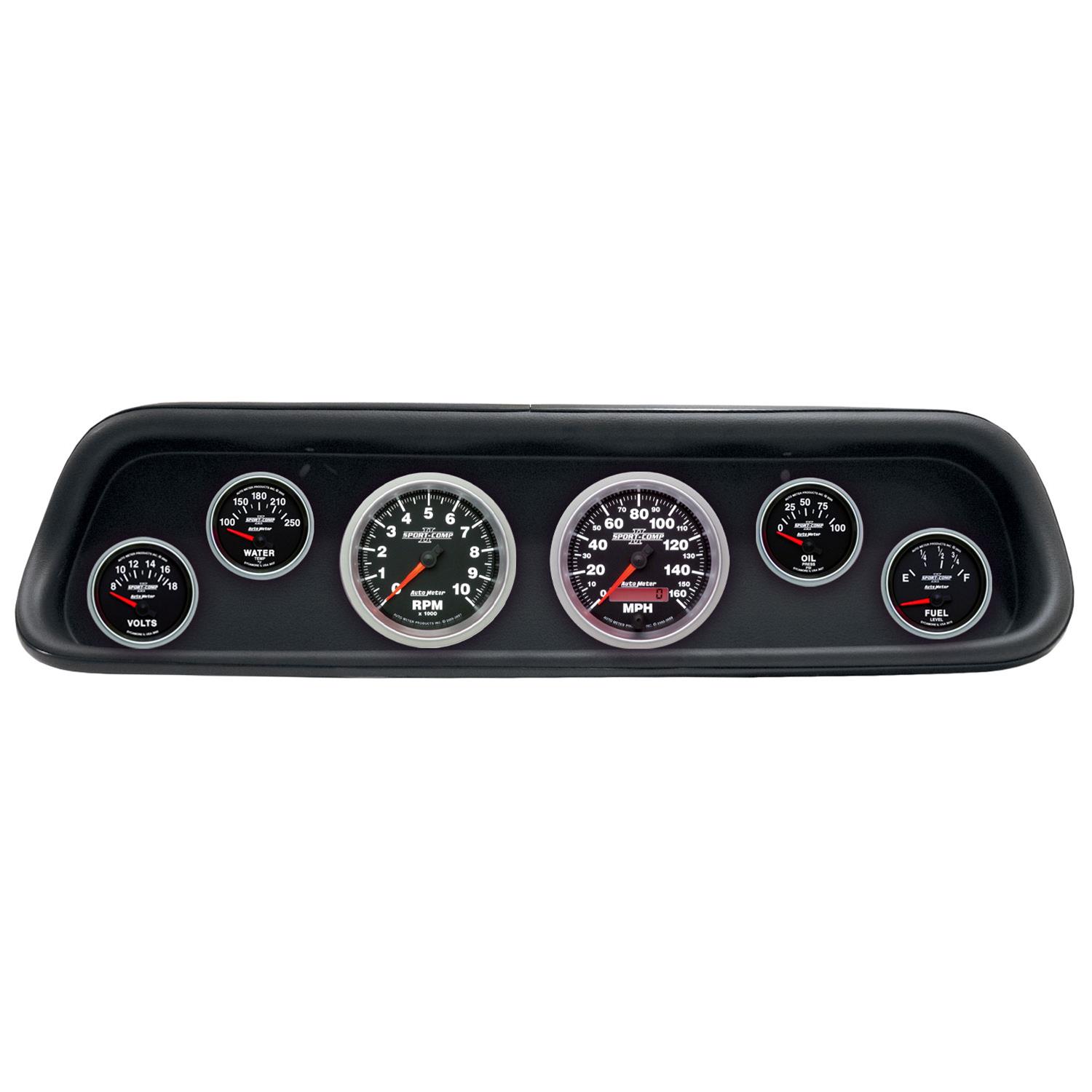 AutoMeter Sport-Comp II Instrument Clusters for 1964-1965 MUSTANG - 2107-12 Gauge Kit, II, Analog, Black Face, Speedometer, Tach, Oil, Water, Volts, Fuel, White Numbers, Red Pointers, Black Panel, Ford, Kit