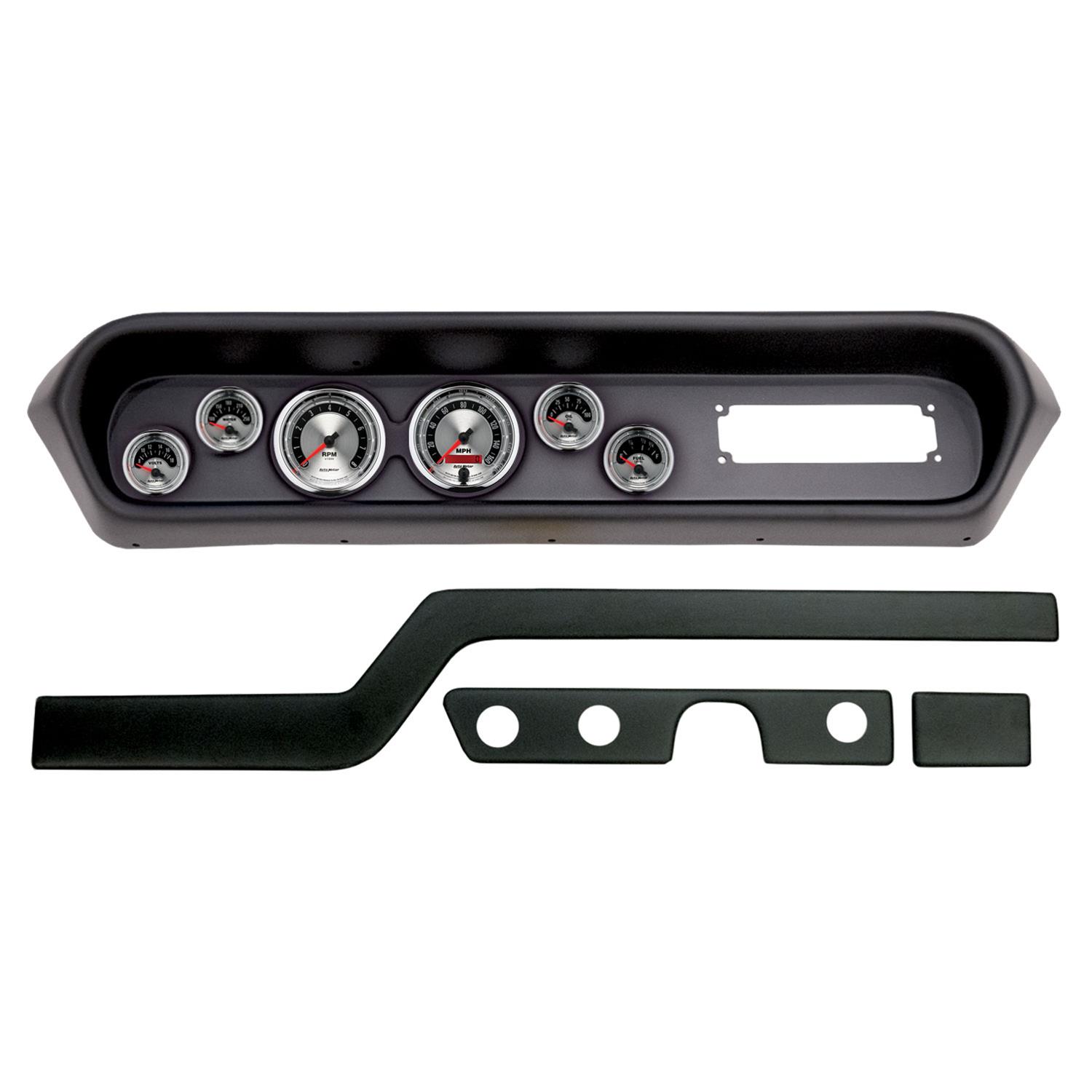 AutoMeter American Muscle Instrument Clusters for 1964-1965 GTO, LEMANS - 2108-01 Gauge Kit, Muscle, Analog, Silver Face, Speedo, Tach, Oil, Water, Volts, Fuel, White Numbers, Red Pointers, Black Panel, Pontiac, Kit
