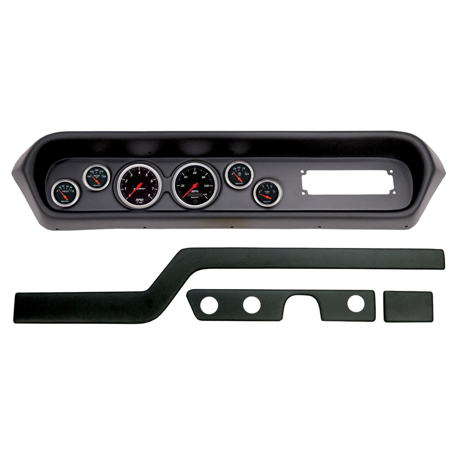AutoMeter Designer Black Instrument Clusters for 1964-1965 GTO, LEMANS - 2108-06 Gauge Kit, Black, Analog, Speedometer, Tach, Oil, Water, Volts, Fuel, White Numbers, Red Pointers, Panel, Pontiac, Kit
