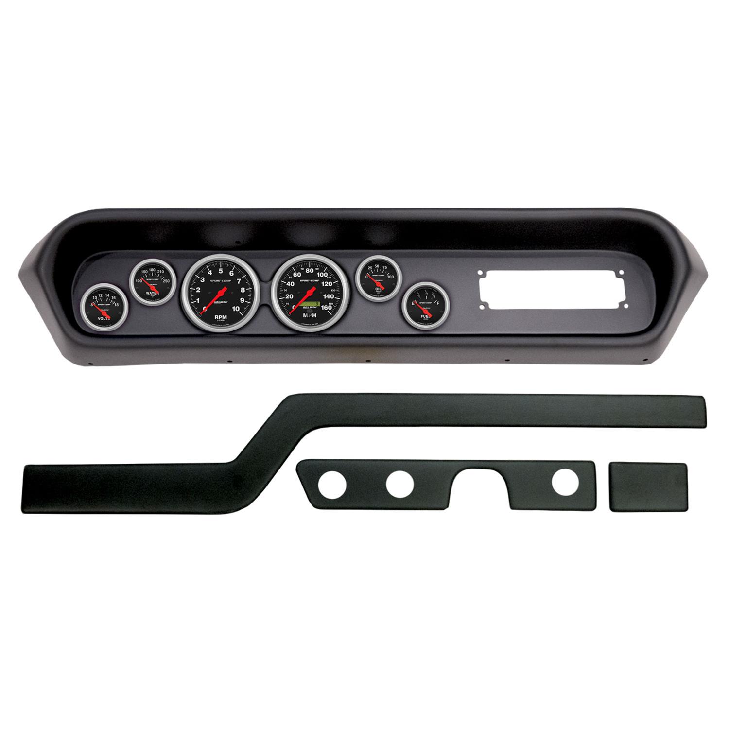 AutoMeter Sport-Comp Instrument Clusters for 1964-1965 GTO, LEMANS - 2108-11 Gauge Kit, Sport-Comp, Analog, Black Face, Speedometer, Tach, Oil, Water, Volts, Fuel, White Numbers, Red Pointers, Black Panel, Pontiac, Kit
