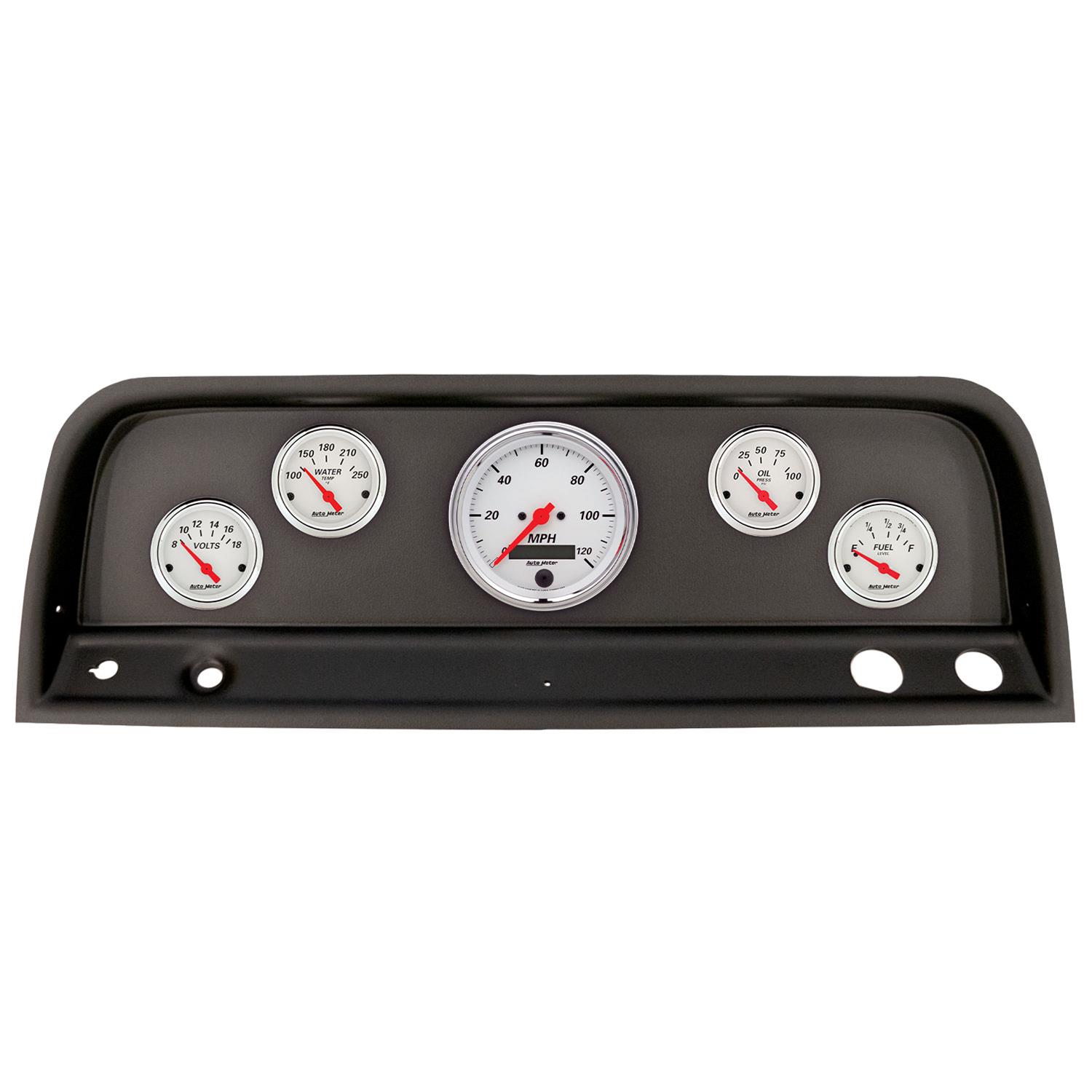 AutoMeter Arctic White Instrument Clusters 2109-03 Gauge Kit, Series, Analog, Speedometer, Oil, Water, Volts, Fuel, Black Numbers, Red Pointers, Black Panel, Chevy, Kit