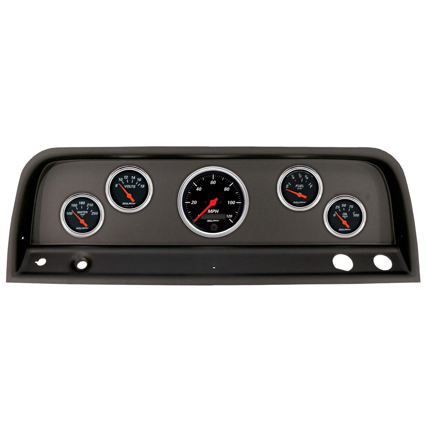 AutoMeter Designer Black Instrument Clusters 2109-06 Gauge Kit, Black, Analog, Speedometer, Oil, Water, Volts, Fuel, White Numbers, Red Pointers, Panel, Chevy, Kit