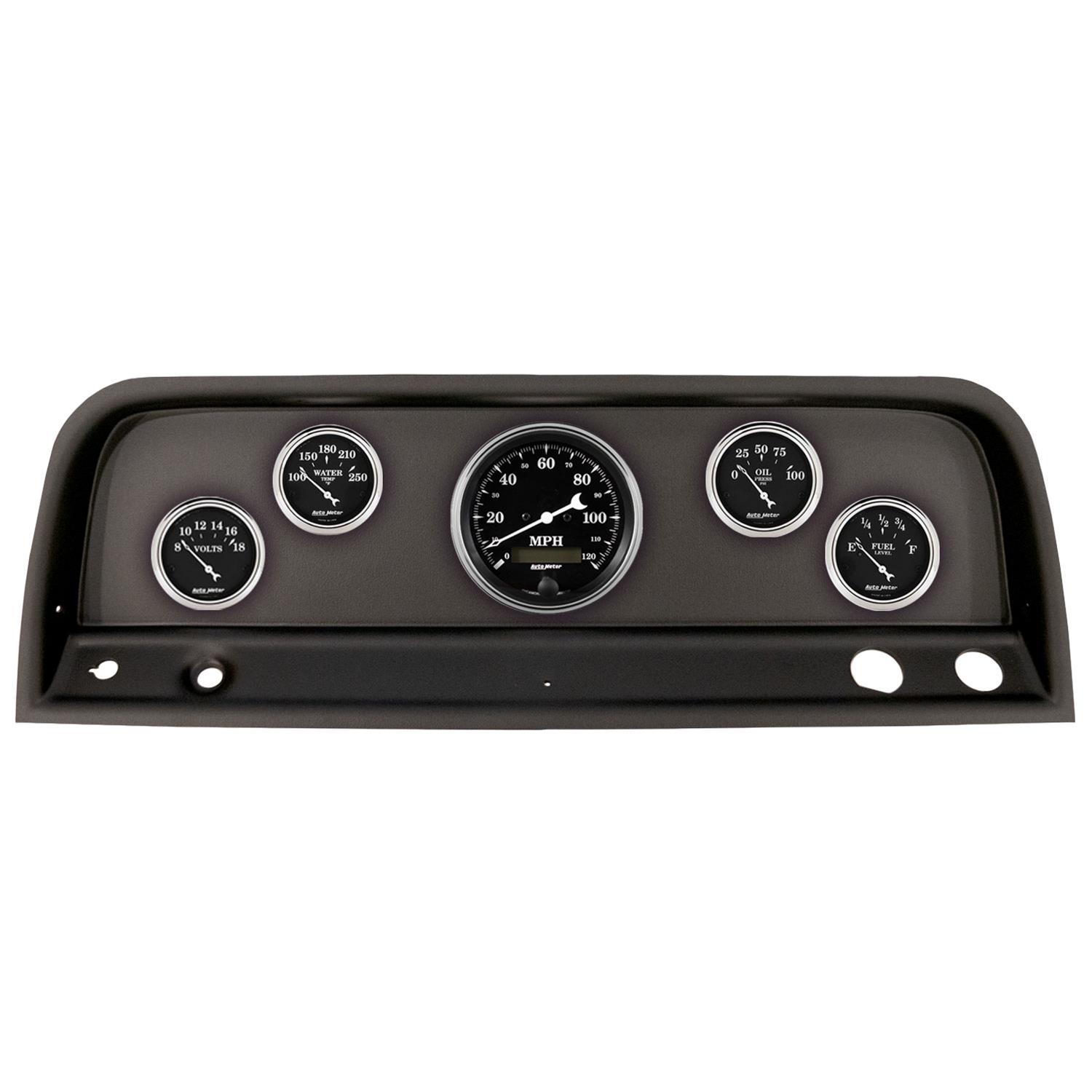 AutoMeter Old Tyme Black Series Instrument Clusters 2109-07 Gauge Kit, Black, Analog, Speedometer, Oil, Water, Volts, Fuel, White Numbers and Pointers, Panel, Chevy, Kit