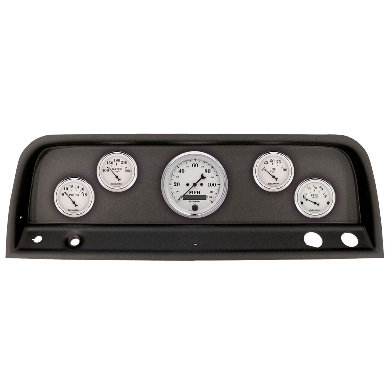 AutoMeter Old Tyme White Series Instrument Clusters 2109-08 Gauge Kit, White, Analog, Speedometer, Oil, Water, Volts, Fuel, Black Numbers and Pointers, Black Panel, Chevy, Kit