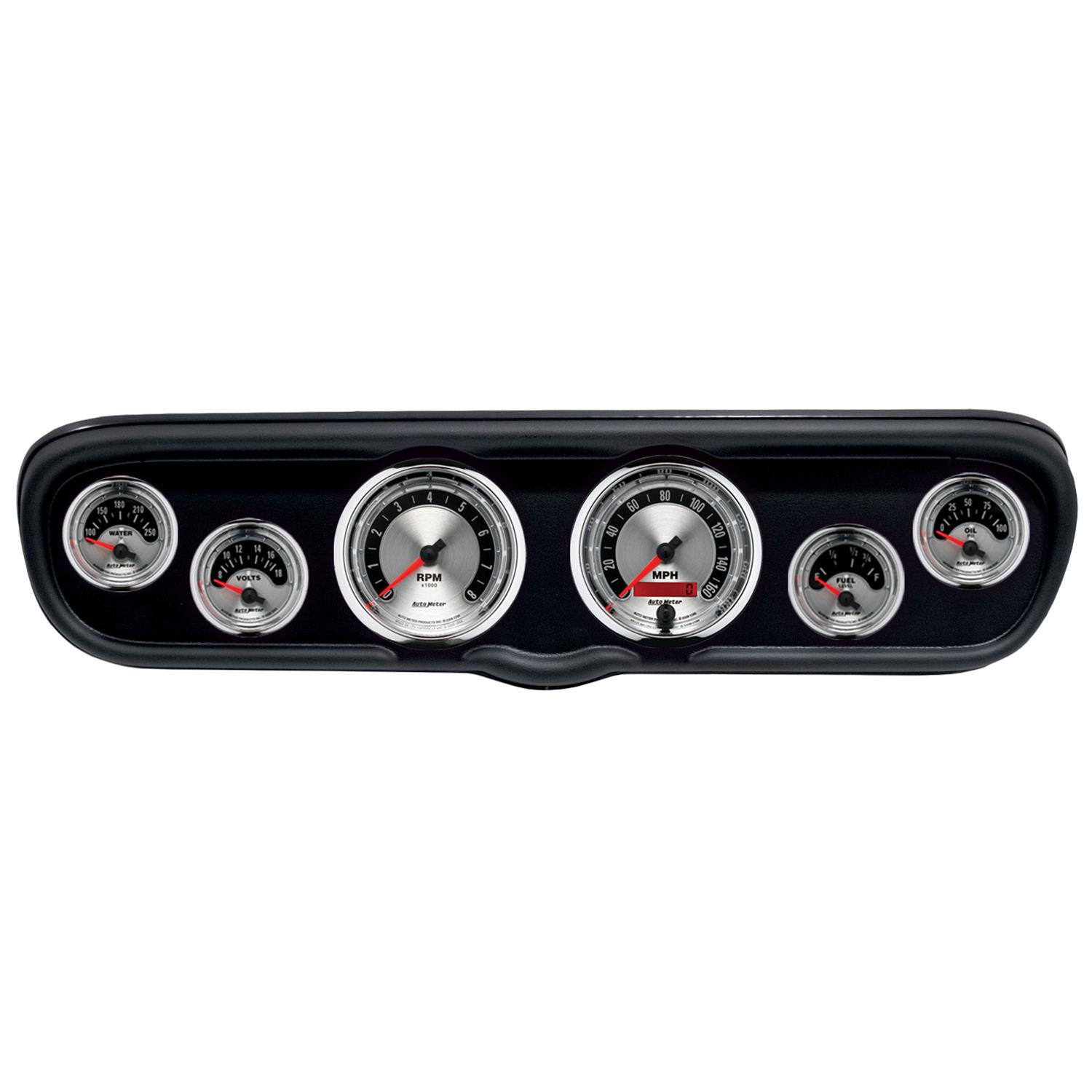 AutoMeter American Muscle Instrument Clusters for 1966 MUSTANG - 2110-01 Gauge Kit, Muscle, Analog, Silver Face, Speedo, Tach, Oil, Water, Volts, Fuel, White Numbers, Red Pointers, Black Panel, Ford, Kit