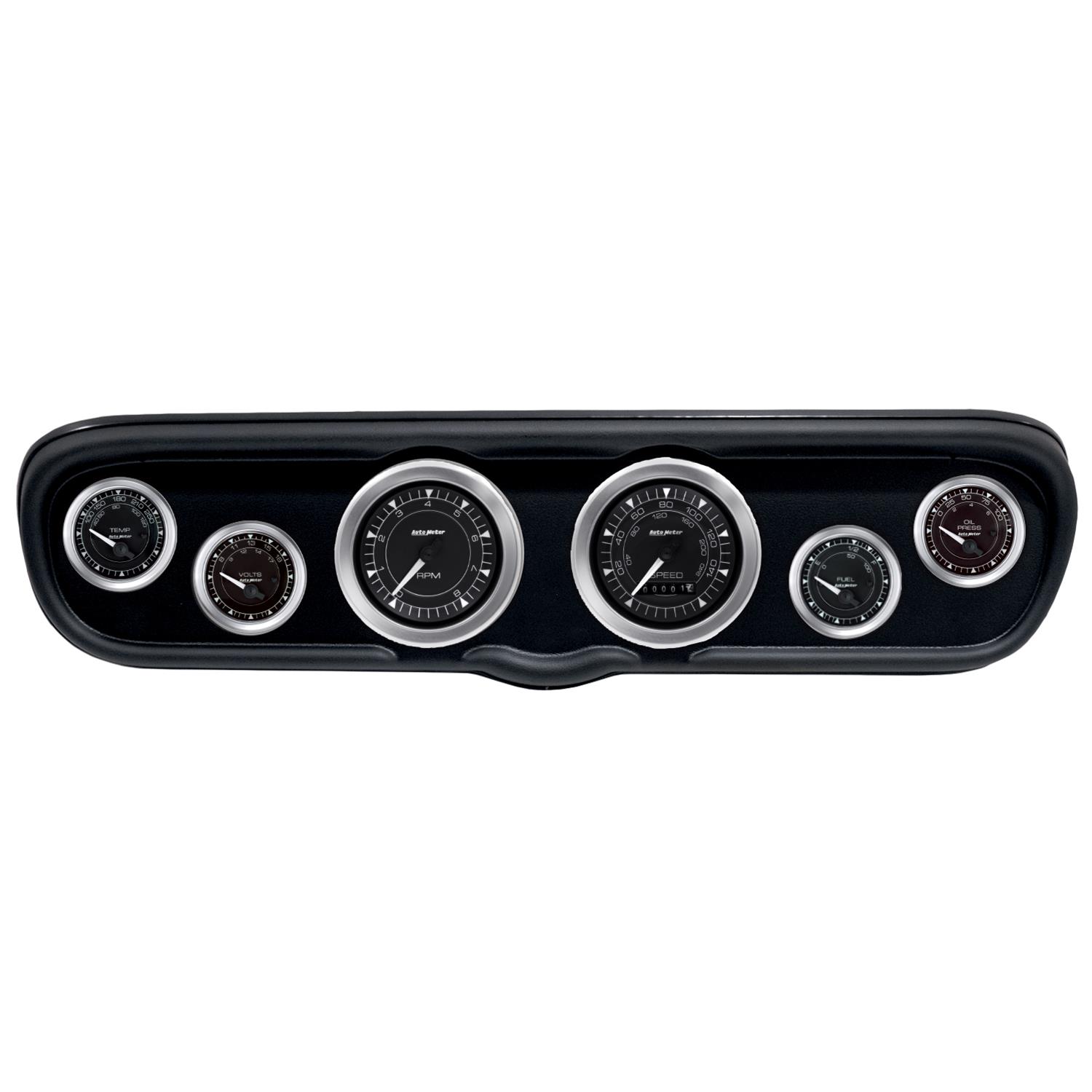 AutoMeter Chrono Instrument Clusters for 1966 MUSTANG - 2110-04 Gauge Kit, Chrono, Analog, Black Face, Speedometer, Tach, Oil, Water, Volts, Fuel, White Numbers and Pointers, Black Panel, Ford, Kit