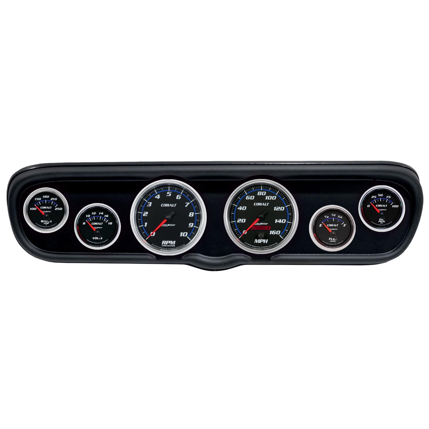 AutoMeter Cobalt Instrument Clusters for 1966 MUSTANG - 2110-05 Gauge Kit, Cobalt, Analog, Black Face, Speedometer, Tach, Oil, Water, Volts, Fuel, White/Blue Numbers, Red Pointers, Black Panel, Ford, Kit