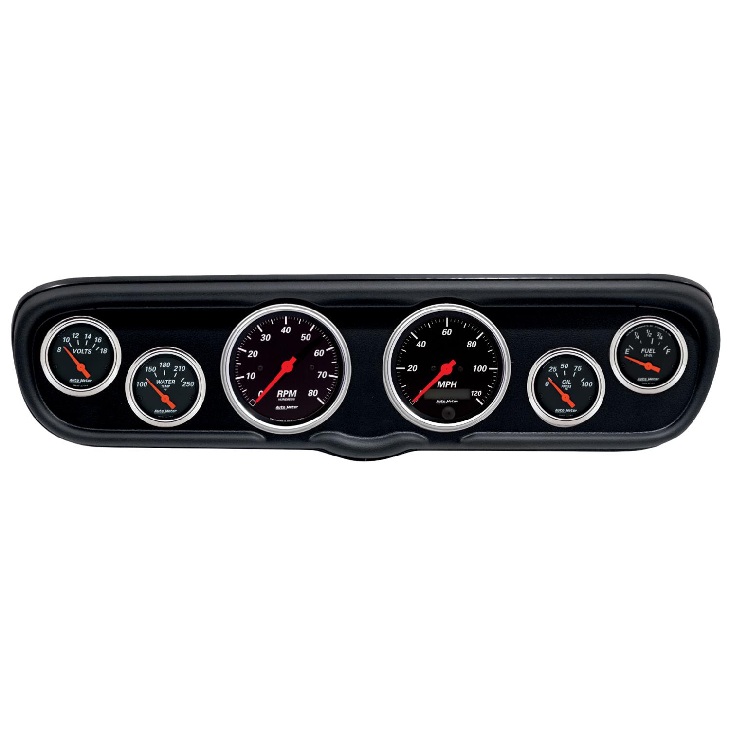 AutoMeter Designer Black Instrument Clusters for 1966 MUSTANG - 2110-06 Gauge Kit, Black, Analog, Speedometer, Tach, Oil, Water, Volts, Fuel, White Numbers, Red Pointers, Panel, Ford, Kit