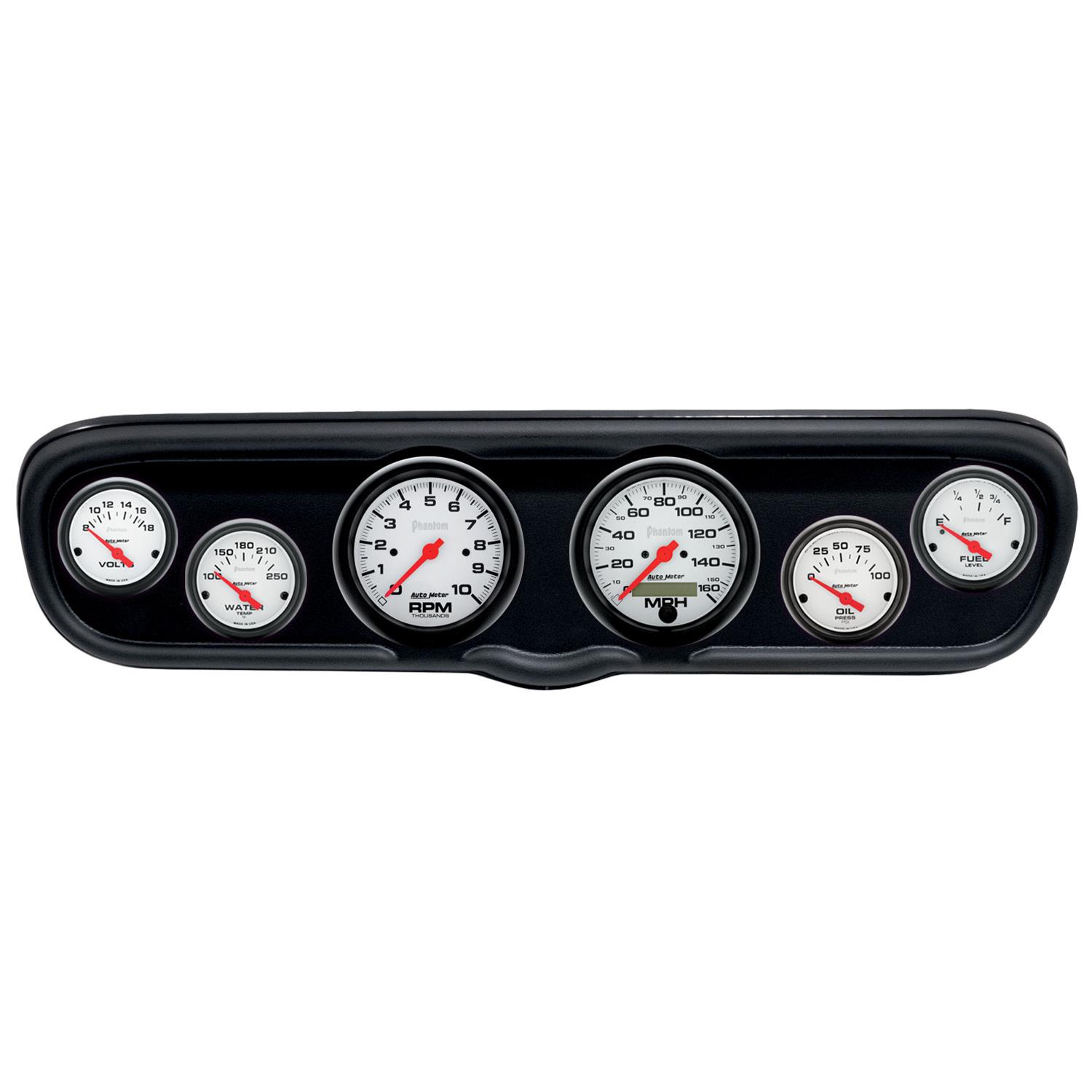 AutoMeter Phantom Instrument Clusters for 1966 MUSTANG - 2110-09 Gauge Kit, Phantom, Analog, White Face, Speedometer, Tach, Oil, Water, Volts, Fuel, Black Numbers, Red Pointers, Black Panel, Ford, Kit