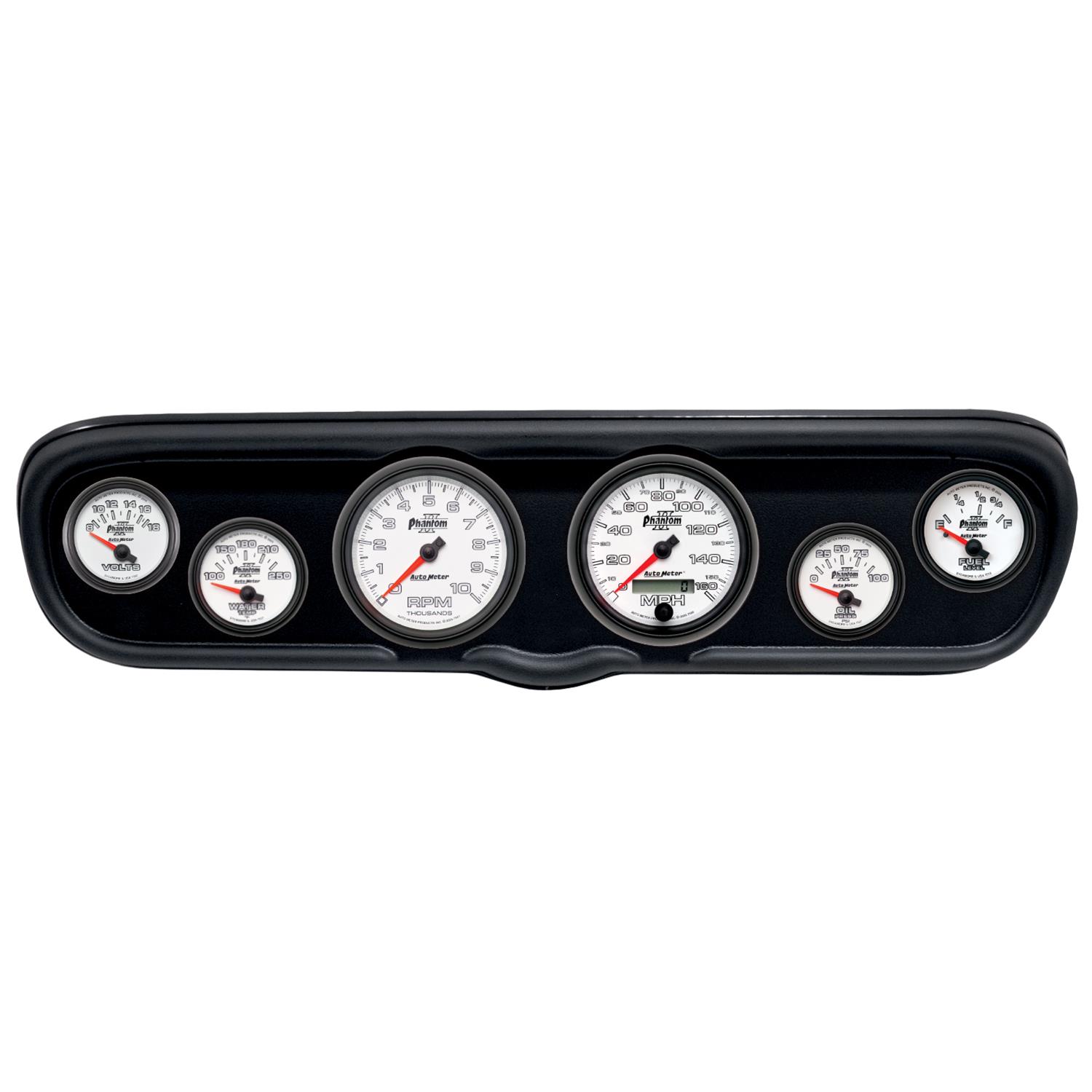 AutoMeter Phantom II Instrument Clusters for 1966 MUSTANG - 2110-10 Gauge Kit, II, Analog, White Face, Speedometer, Tach, Oil, Water, Volts, Fuel, Silver Numbers, Red Pointers, Black Panel, Ford, Kit