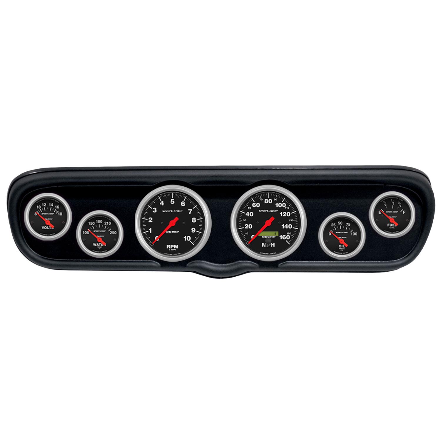 AutoMeter Sport-Comp Instrument Clusters for 1966 MUSTANG - 2110-11 Gauge Kit, Sport-Comp, Analog, Black Face, Speedometer, Tach, Oil, Water, Volts, Fuel, White Numbers, Red Pointers, Black Panel, Ford, Kit