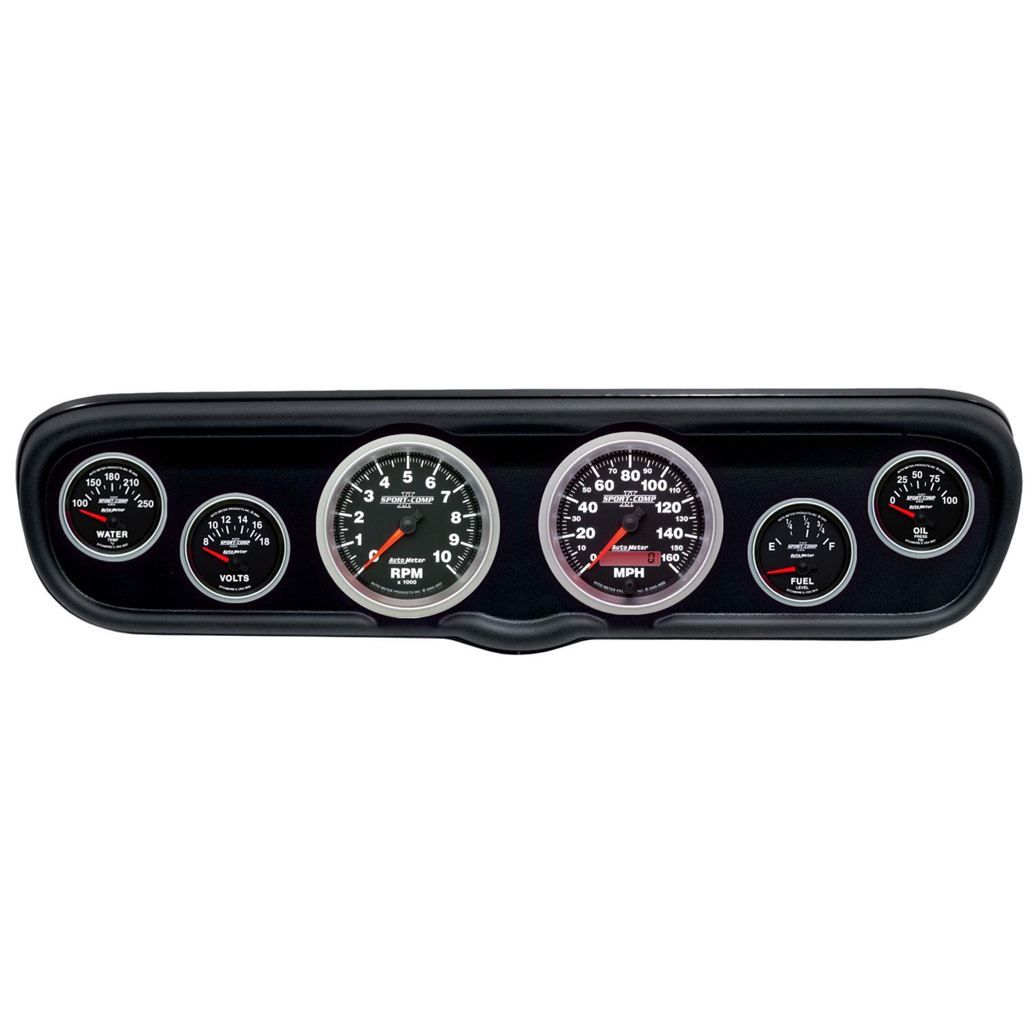 AutoMeter Sport-Comp II Instrument Clusters for 1966 MUSTANG - 2110-12 Gauge Kit, II, Analog, Black Face, Speedometer, Tach, Oil, Water, Volts, Fuel, White Numbers, Red Pointers, Black Panel, Ford, Kit