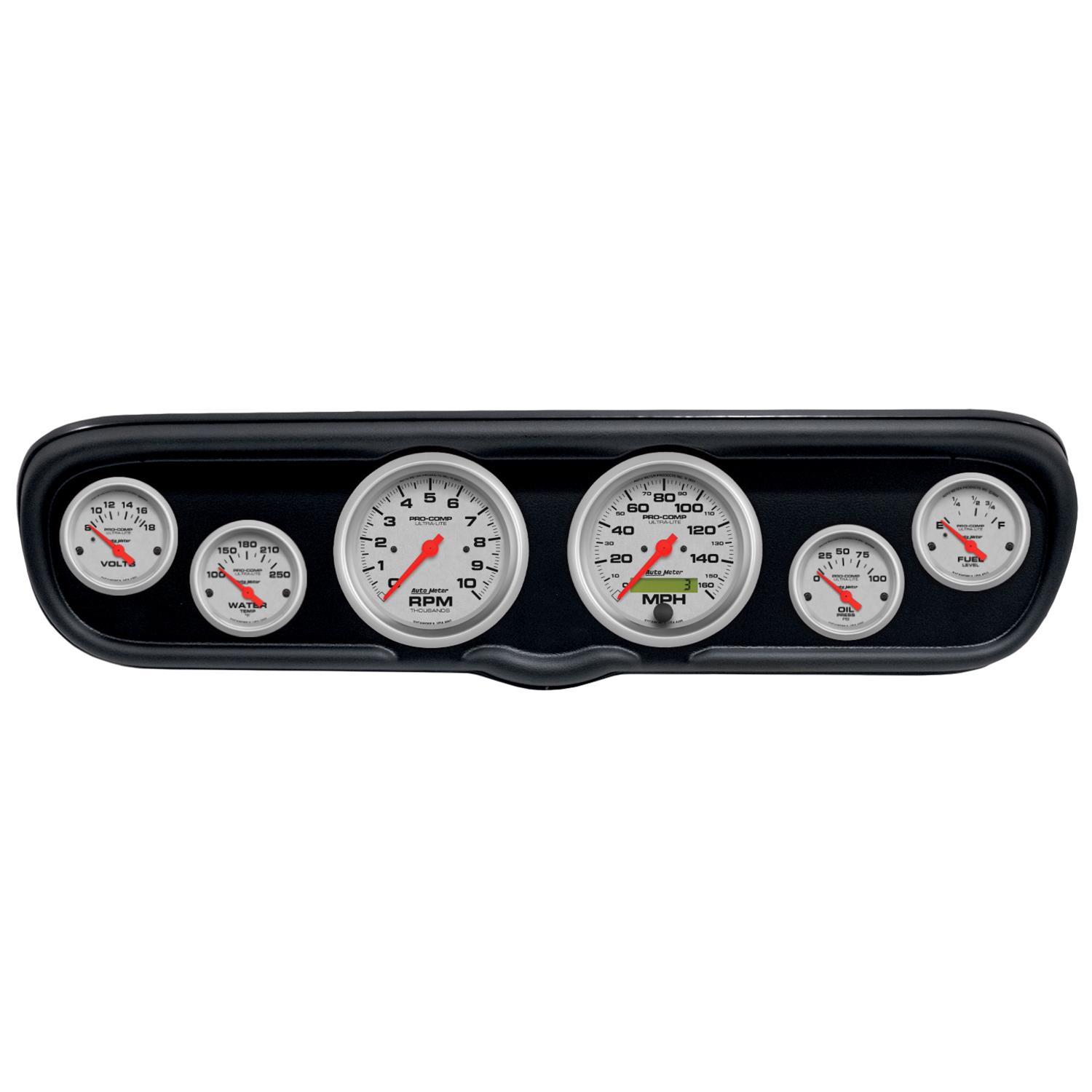 AutoMeter Ultra-Lite Instrument Clusters for 1966 MUSTANG - 2110-13 Gauge Kit, Ultra-Lite, Analog, Silver Face, Speedometer, Tach, Oil, Water, Volts, Fuel, Black Numbers, Red Pointers, Black Panel, Ford, Kit