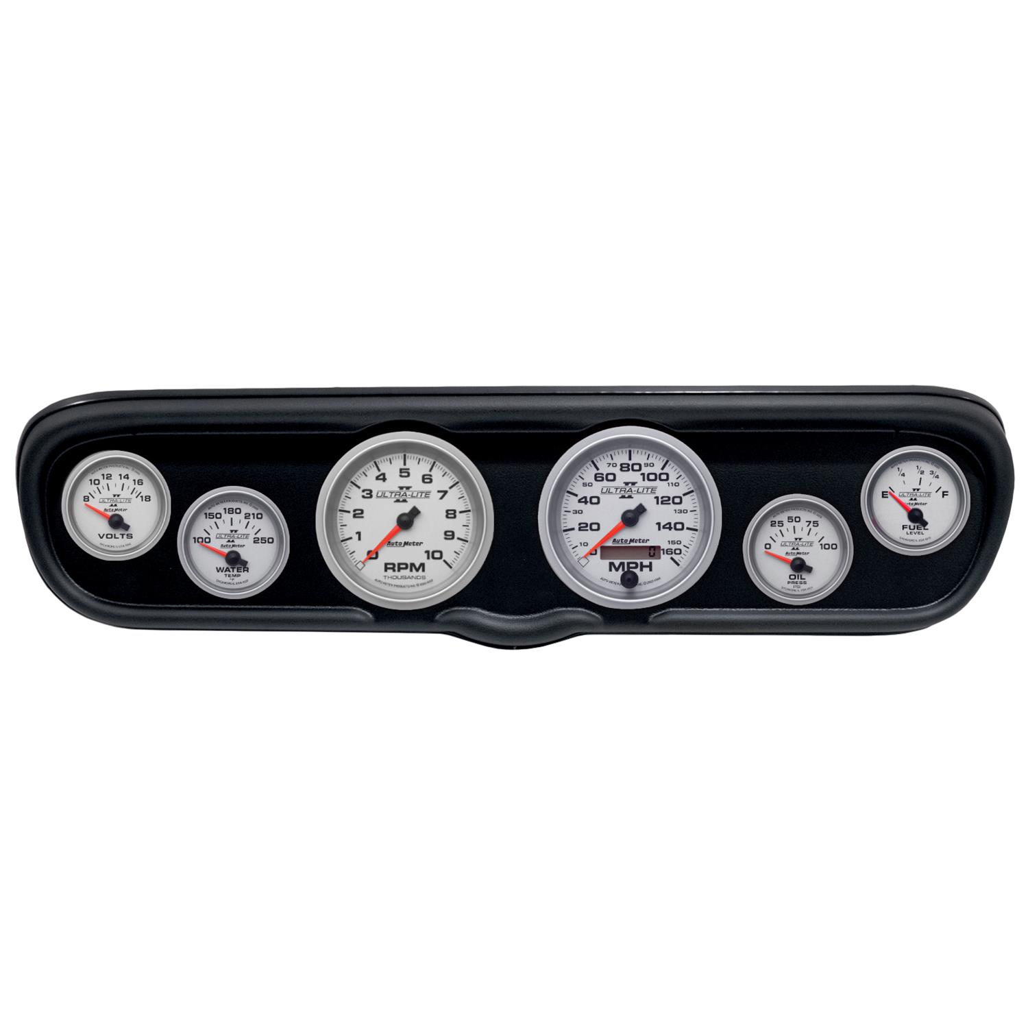 AutoMeter Ultra-Lite II Instrument Clusters for 1966 MUSTANG - 2110-14 Gauge Kit, II, Analog, Silver Face, Speedometer, Tach, Oil, Water, Volts, Fuel, Black Numbers, Red Pointers, Black Panel, Ford, Kit