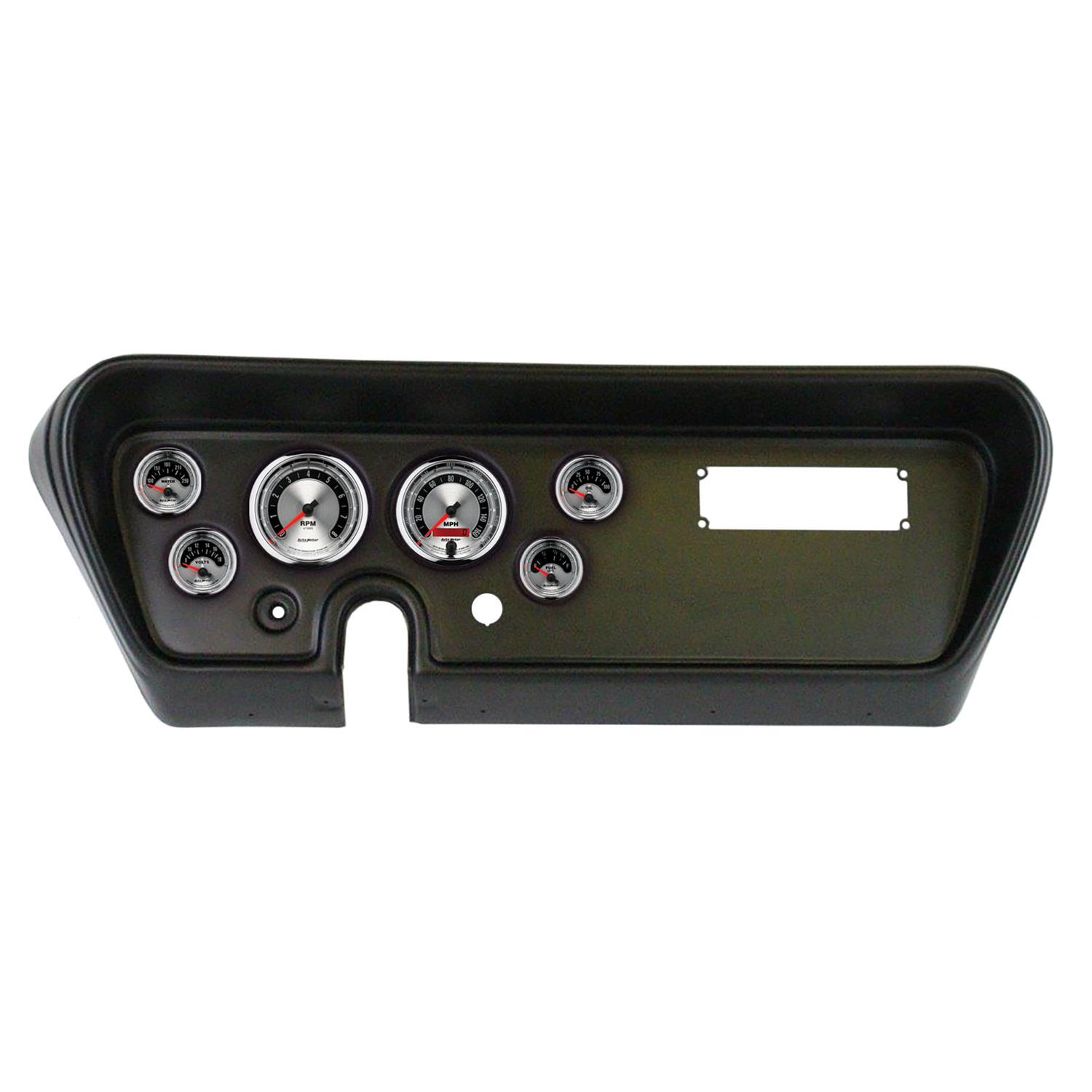 AutoMeter American Muscle Instrument Clusters for 1966 GTO, LEMANS - 2111-01 Gauge Kit, Muscle, Analog, Silver Face, Speedo, Tach, Oil, Water, Volts, Fuel, White Numbers, Red Pointers, Black Panel, Pontiac, Kit