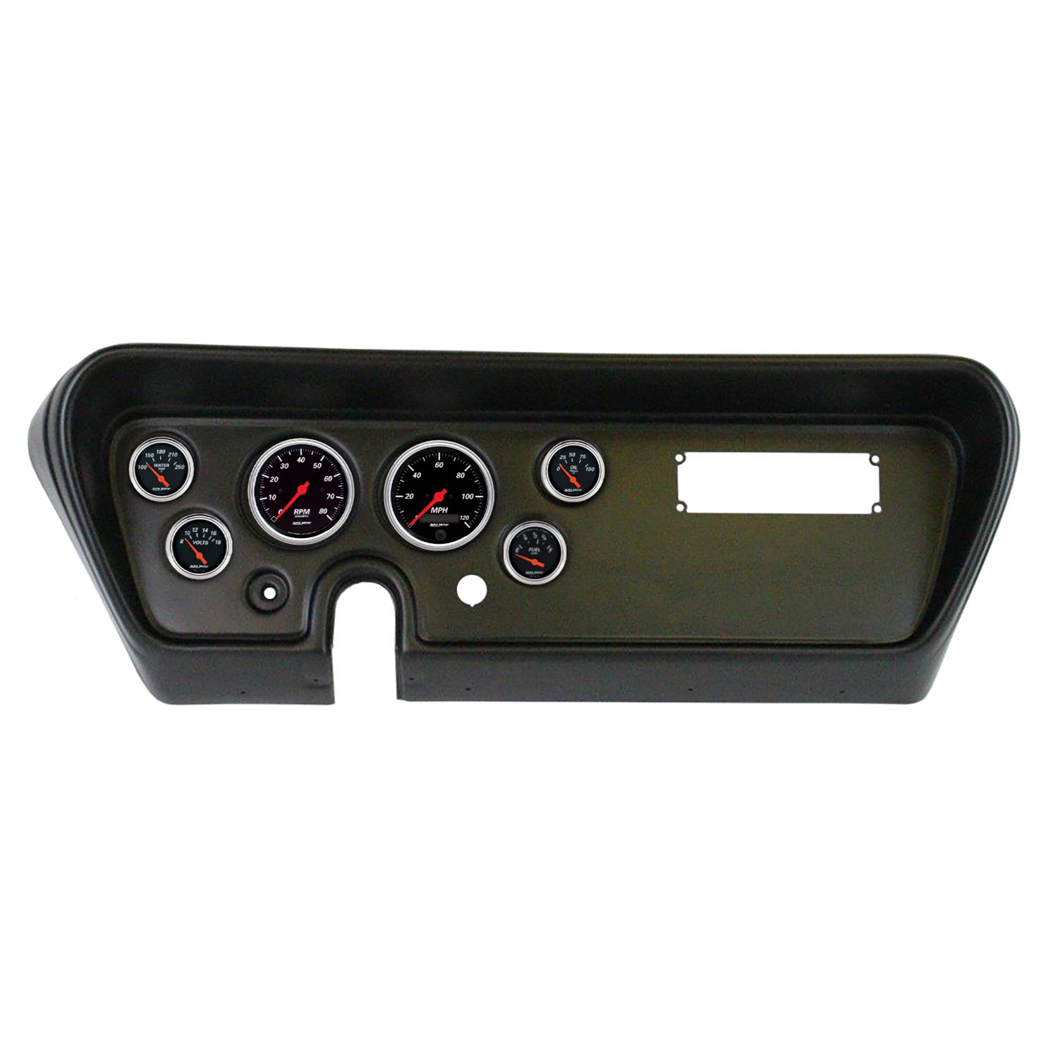 AutoMeter Designer Black Instrument Clusters for 1966 GTO, LEMANS - 2111-06 Gauge Kit, Black, Analog, Speedometer, Tach, Oil, Water, Volts, Fuel, White Numbers, Red Pointers, Panel, Pontiac, Kit