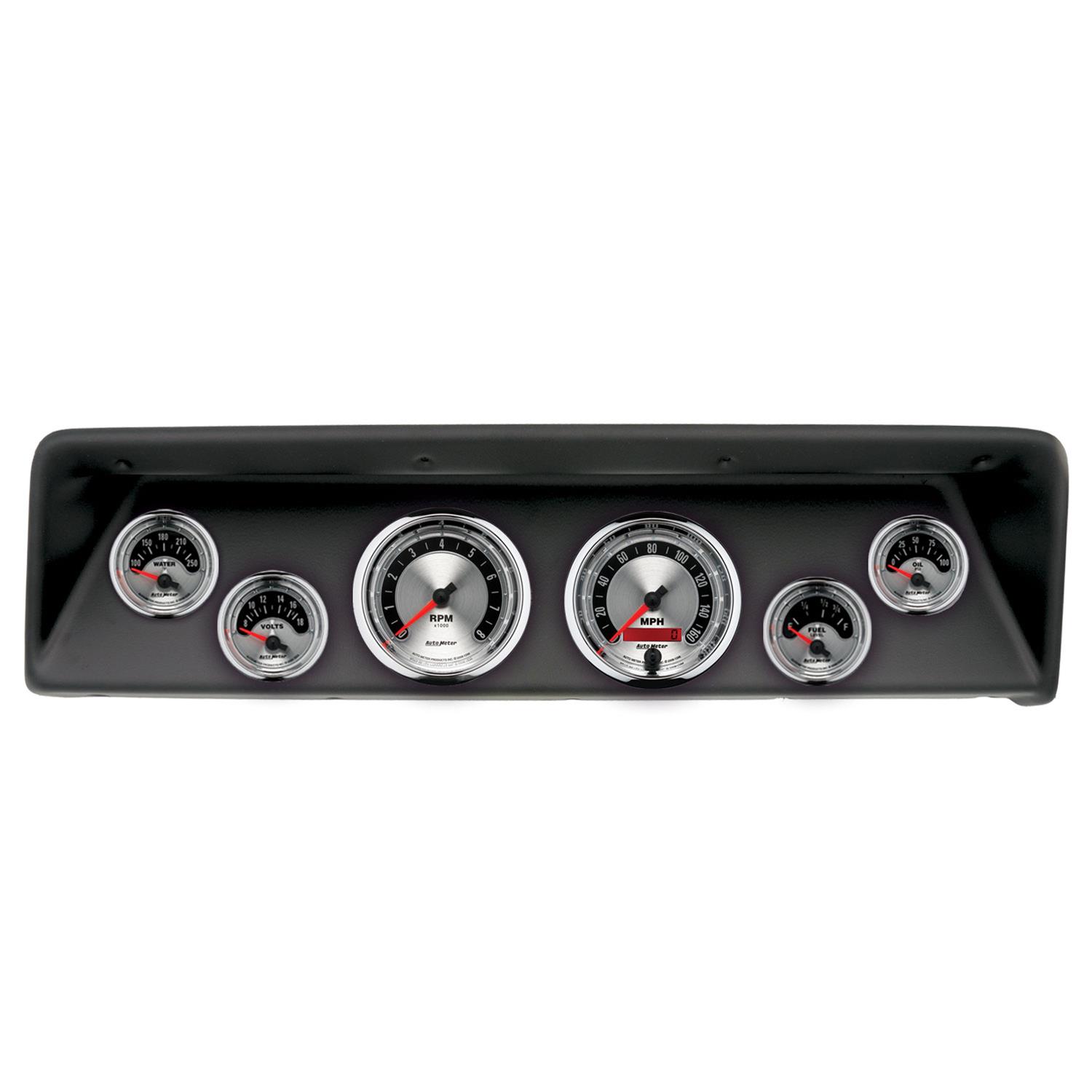 AutoMeter American Muscle Instrument Clusters for 1966-1967 CHEVY II - 2112-01 Gauge Kit, Muscle, Analog, Silver Face, Speedo, Tach, Oil, Water, Volts, Fuel, White Numbers, Red Pointers, Black Panel, Chevy, Kit
