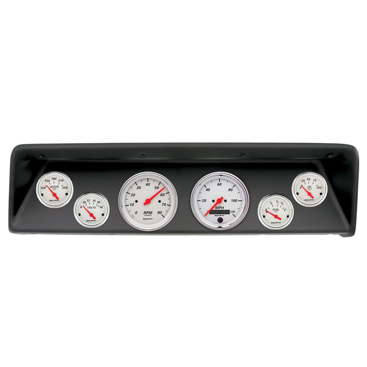 AutoMeter Arctic White Instrument Clusters for 1966-1967 CHEVY II - 2112-03 Gauge Kit, Series, Analog, Speedometer, Tach, Oil, Water, Volts, Fuel, Black Numbers, Red Pointers, Black Panel, Chevy, Kit