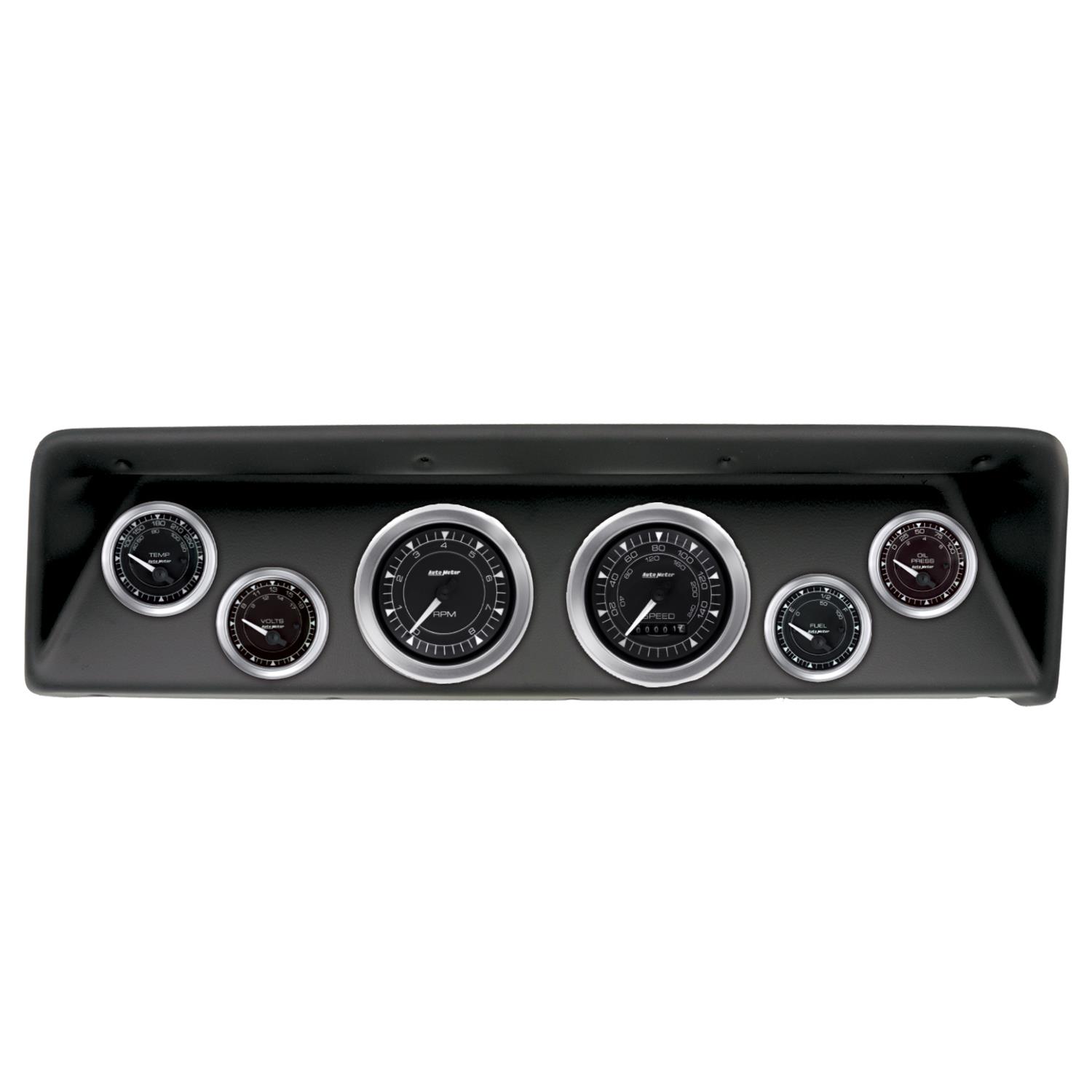 AutoMeter Chrono Instrument Clusters for 1966-1967 CHEVY II - 2112-04 Gauge Kit, Chrono, Analog, Black Face, Speedometer, Tach, Oil, Water, Volts, Fuel, White Numbers and Pointers, Black Panel, Chevy, Kit