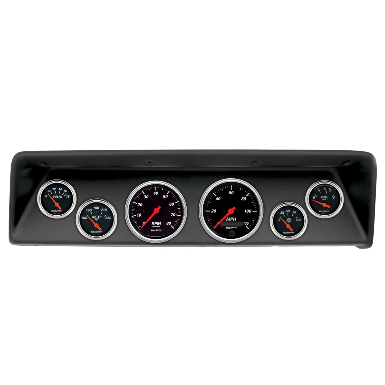 AutoMeter Designer Black Instrument Clusters for 1966-1967 CHEVY II - 2112-06 Gauge Kit, Black, Analog, Speedometer, Tach, Oil, Water, Volts, Fuel, White Numbers, Red Pointers, Panel, Chevy, Kit