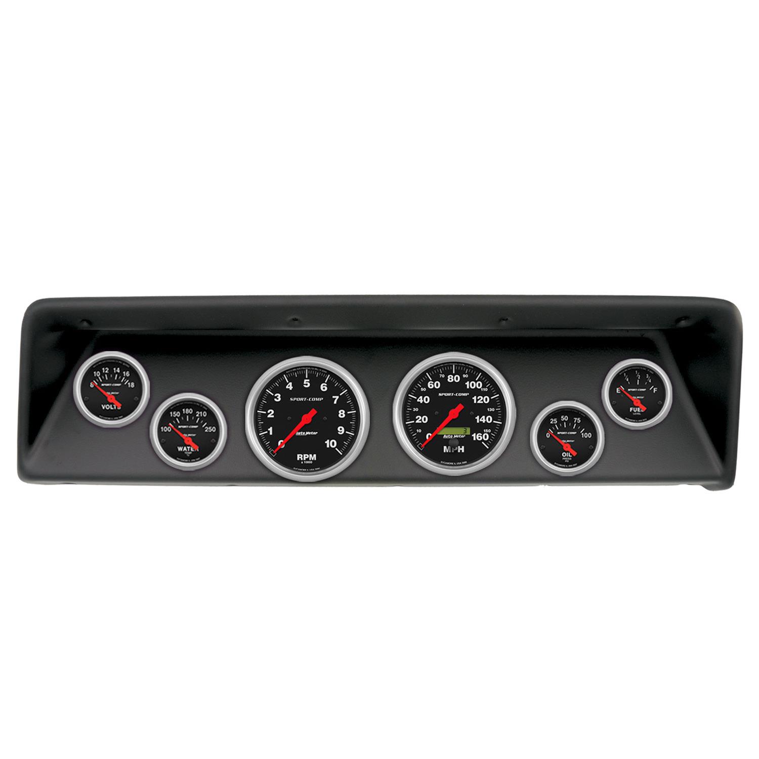 AutoMeter Sport-Comp Instrument Clusters for 1966-1967 CHEVY II - 2112-11 Gauge Kit, Sport-Comp, Analog, Black Face, Speedometer, Tach, Oil, Water, Volts, Fuel, White Numbers, Red Pointers, Black Panel, Chevy, Kit