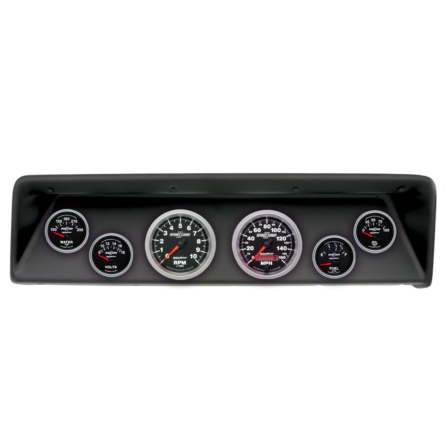 AutoMeter Sport-Comp II Instrument Clusters for 1966-1967 CHEVY - 2112-12 Gauge Kit, II, Analog, Black Face, Speedometer, Tach, Oil, Water, Volts, Fuel, White Numbers, Red Pointers, Black Panel, Chevy, Kit