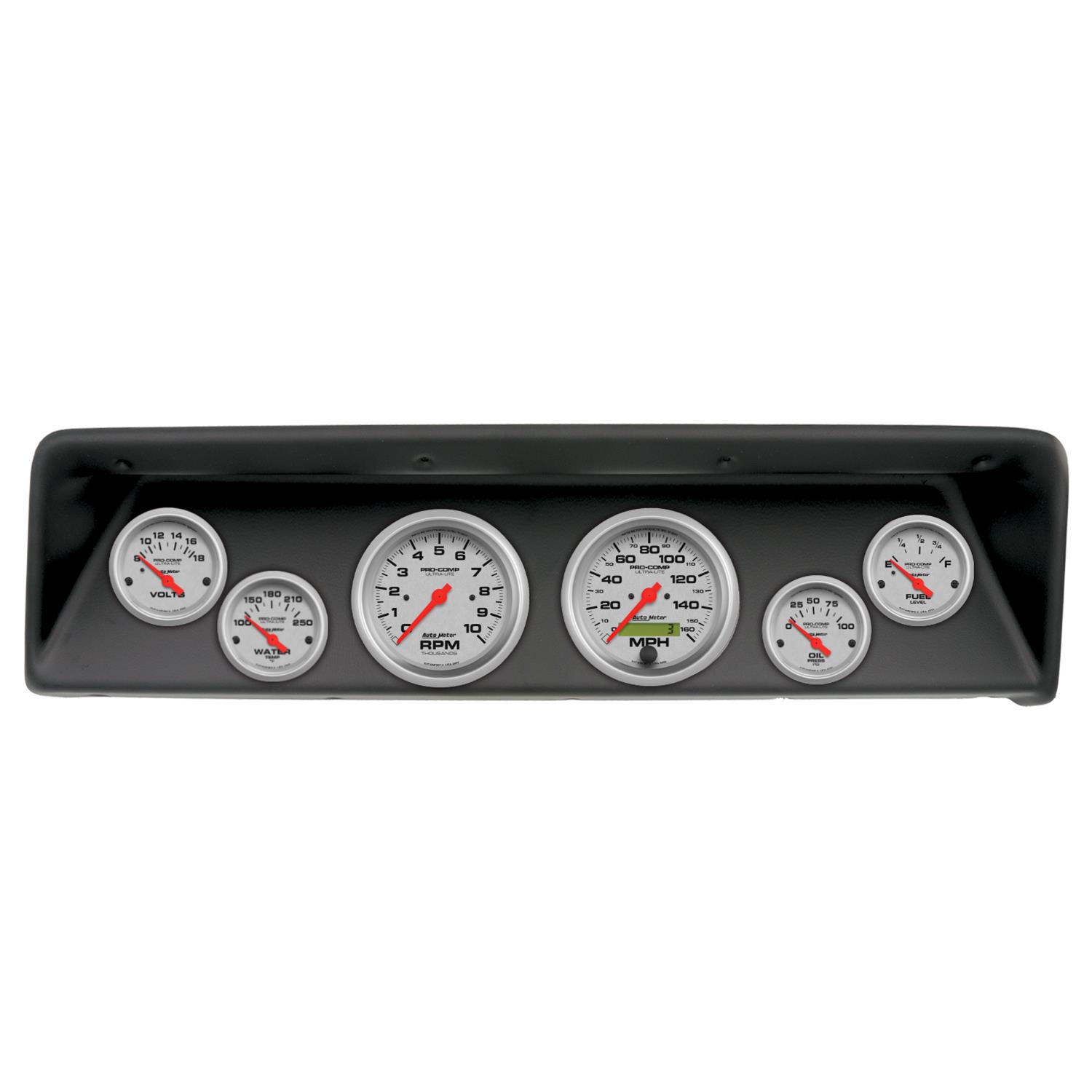 AutoMeter Ultra-Lite Instrument Clusters for 1966-1967 CHEVY II - 2112-13 Gauge Kit, Ultra-Lite, Analog, Silver Face, Speedometer, Tach, Oil, Water, Volts, Fuel, Black Numbers, Red Pointers, Black Panel, Chevy, Kit