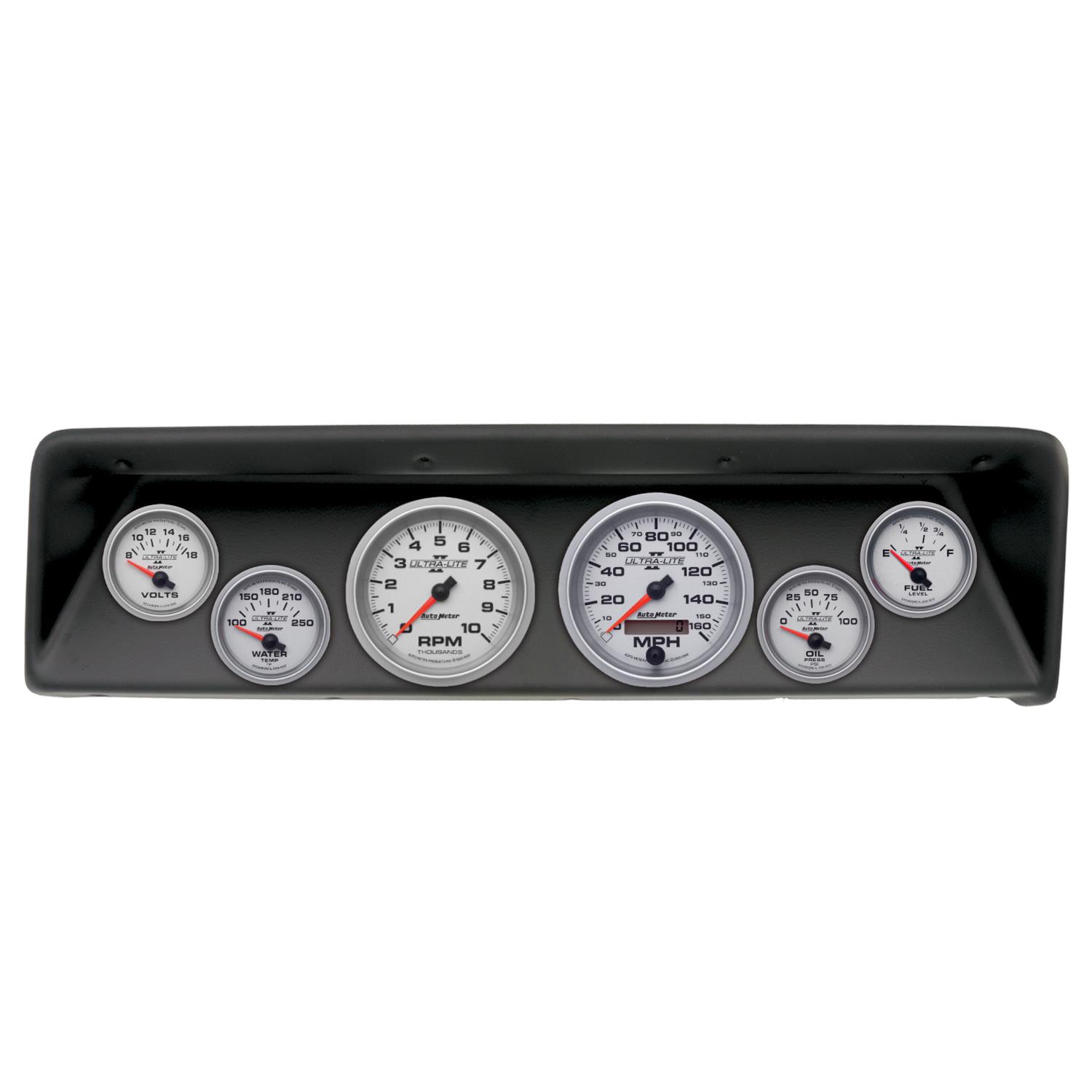 AutoMeter Ultra-Lite II Instrument Clusters for 1966-1967 CHEVY - 2112-14 Gauge Kit, II, Analog, Silver Face, Speedometer, Tach, Oil, Water, Volts, Fuel, Black Numbers, Red Pointers, Black Panel, Chevy, Kit
