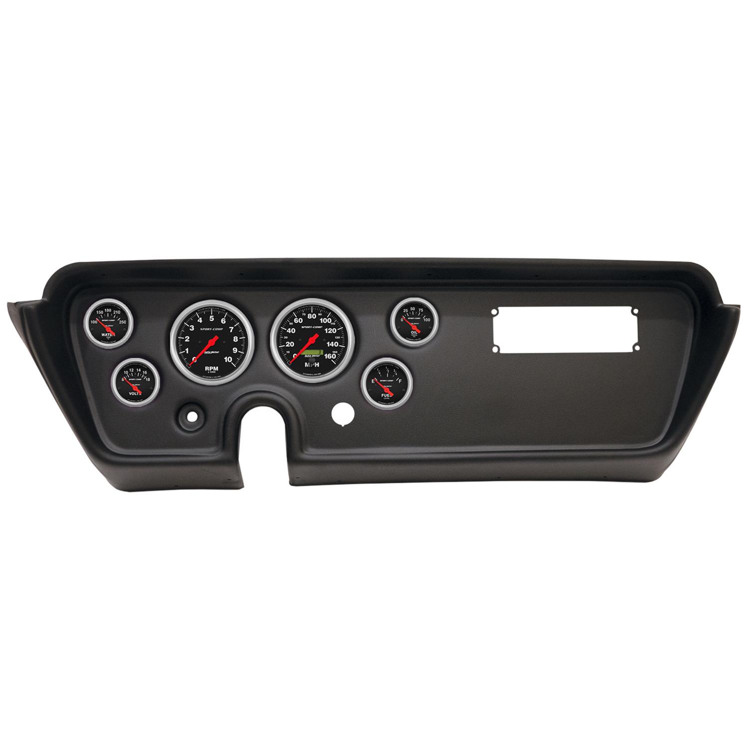 AutoMeter Sport-Comp Instrument Clusters for 1967 GTO, LEMANS - 2113-11 Gauge Kit, Sport-Comp, Analog, Black Face, Speedometer, Tach, Oil, Water, Volts, Fuel, White Numbers, Red Pointers, Black Panel, Pontiac, Kit