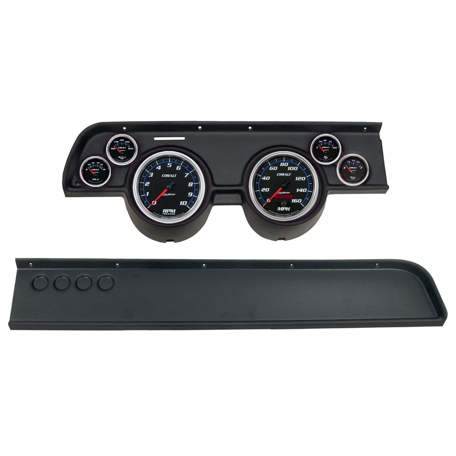 AutoMeter Cobalt Instrument Clusters for 1967-1968 COUGAR - 2114-05 Gauge Kit, Cobalt, Analog, Black Face, Speedo, Tach, Oil, Water, Volts, Fuel, White/Blue Numbers, Red Pointers, Black Panel, Mercury, No A/C, Kit