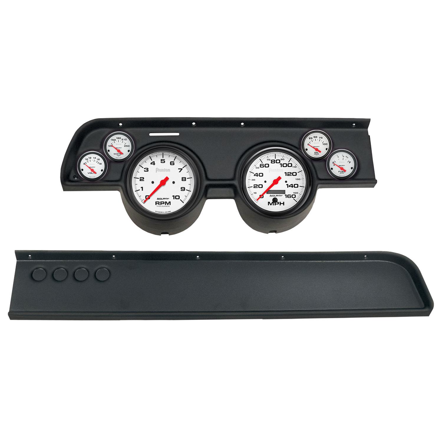 AutoMeter Phantom Instrument Clusters for 1967-1968 COUGAR - 2114-09 Gauge Kit, Series, Analog, White Face, Speedo, Tach, Oil, Water, Volts, Fuel, Black Numbers, Red Pointers, Black Panel, Mercury, No A/C, Kit