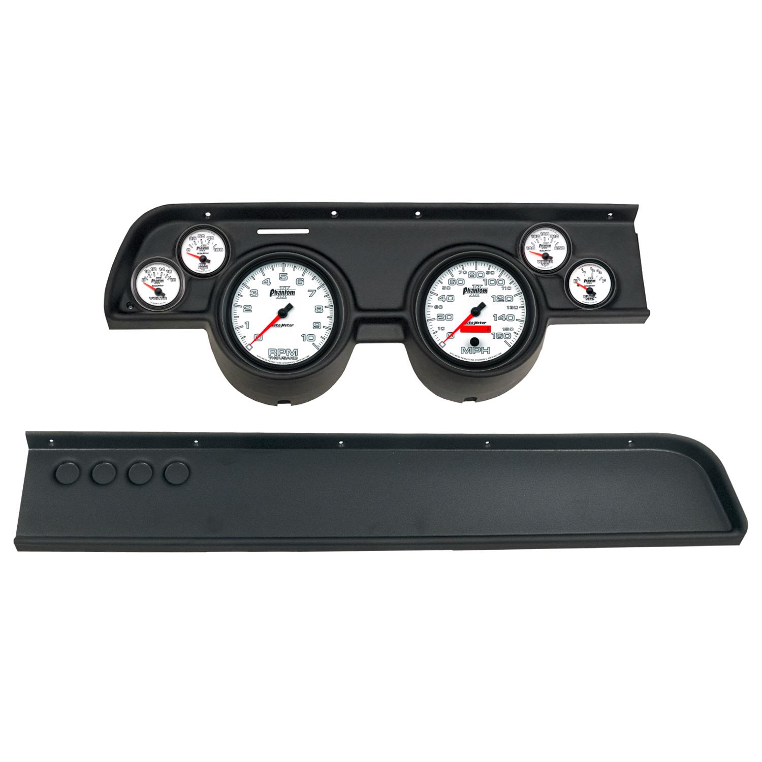 AutoMeter Phantom II Instrument Clusters for 1967-1968 COUGAR - 2114-10 Gauge Kit, II, Analog, White Face, Speedo, Tach, Oil, Water, Volts, Fuel, Silver Numbers, Red Pointers, Black Panel, Mercury, No A/C, Kit