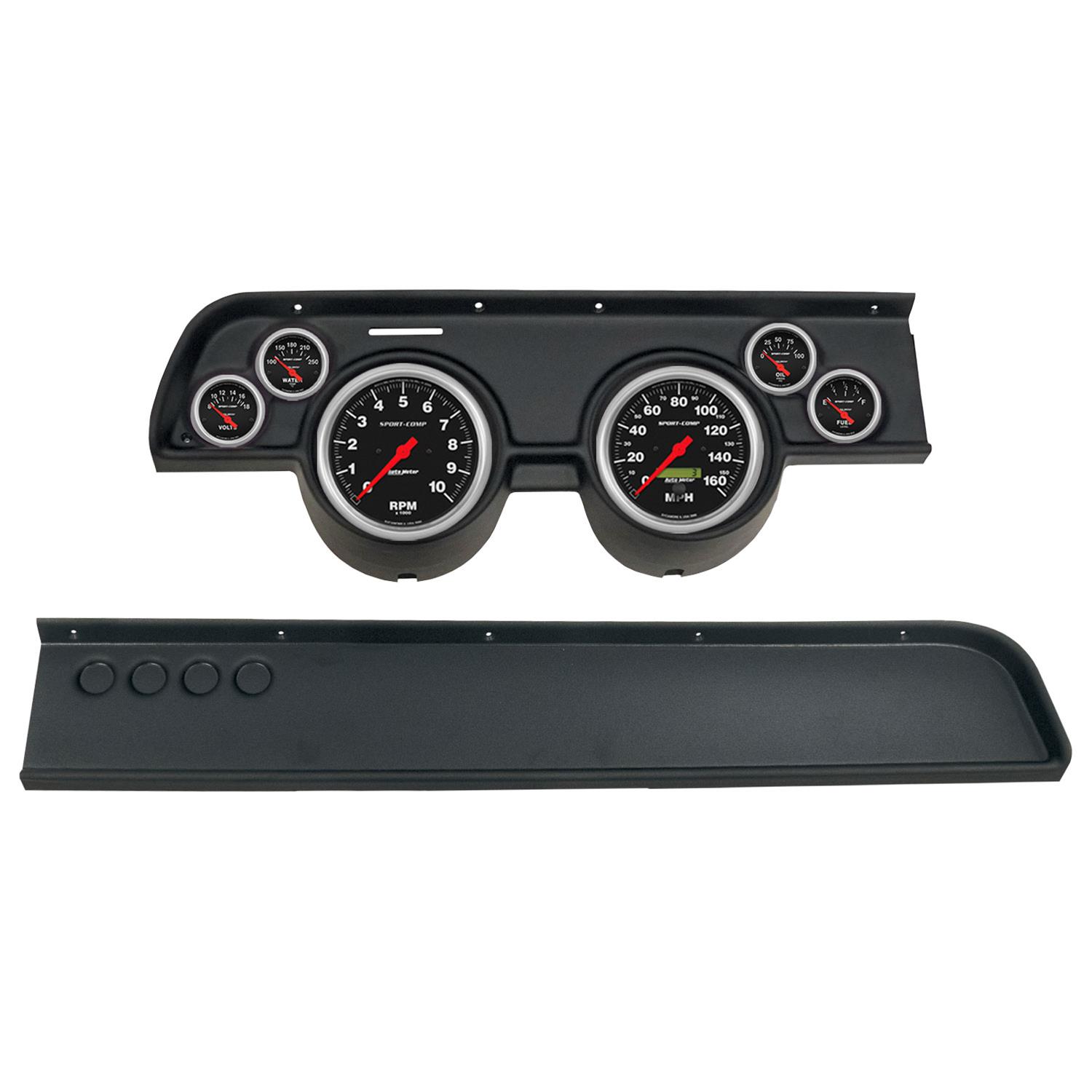 AutoMeter Sport-Comp Instrument Clusters for 1967-1968 COUGAR - 2114-11 Gauge Kit, Sport-Comp, Analog, Black Face, Speedo, Tach, Oil, Water, Volts, Fuel, White Numbers, Red Pointers, Black Panel, Mercury, No A/C, Kit