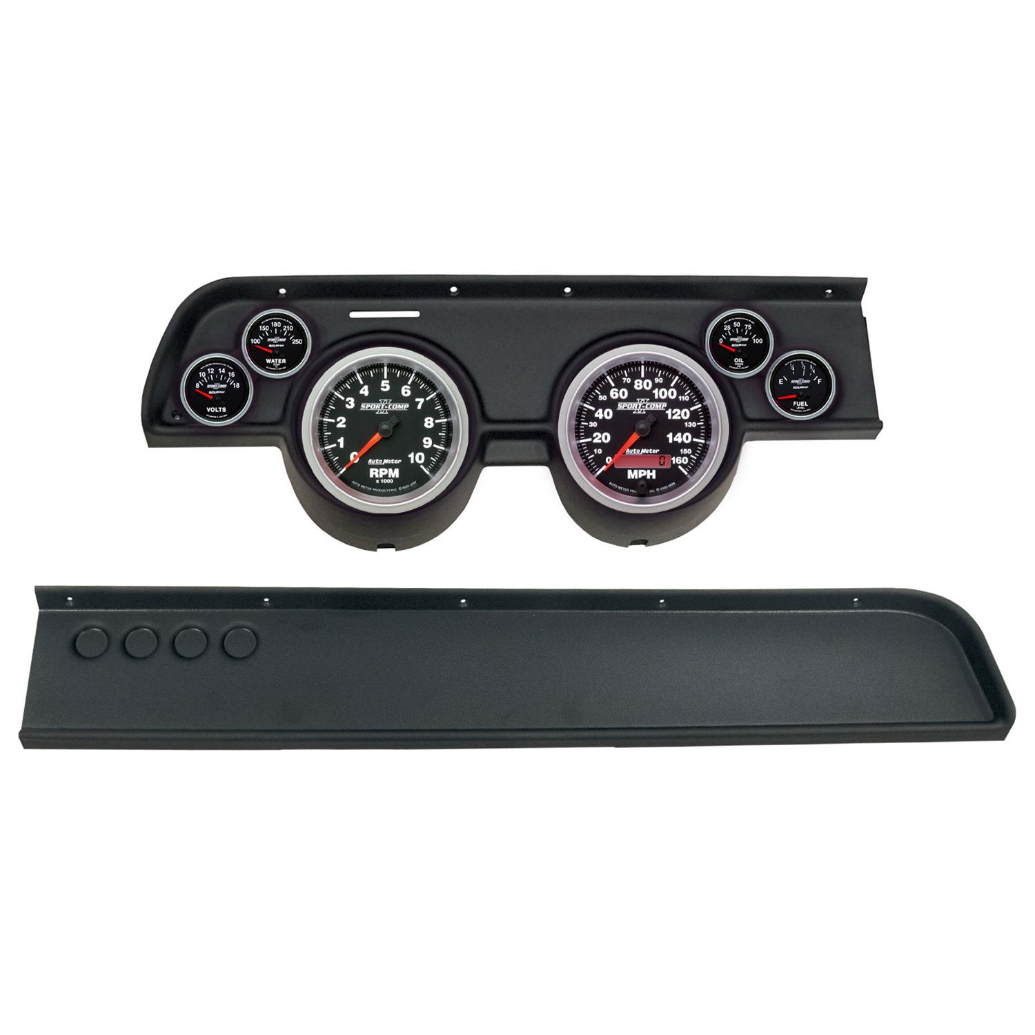 AutoMeter Sport-Comp II Instrument Clusters for 1967-1968 COUGAR - 2114-12 Gauge Kit, II, Analog, Black Face, Speedo, Tach, Oil, Water, Volts, Fuel, White Numbers, Red Pointers, Black Panel, Mercury, No A/C, Kit