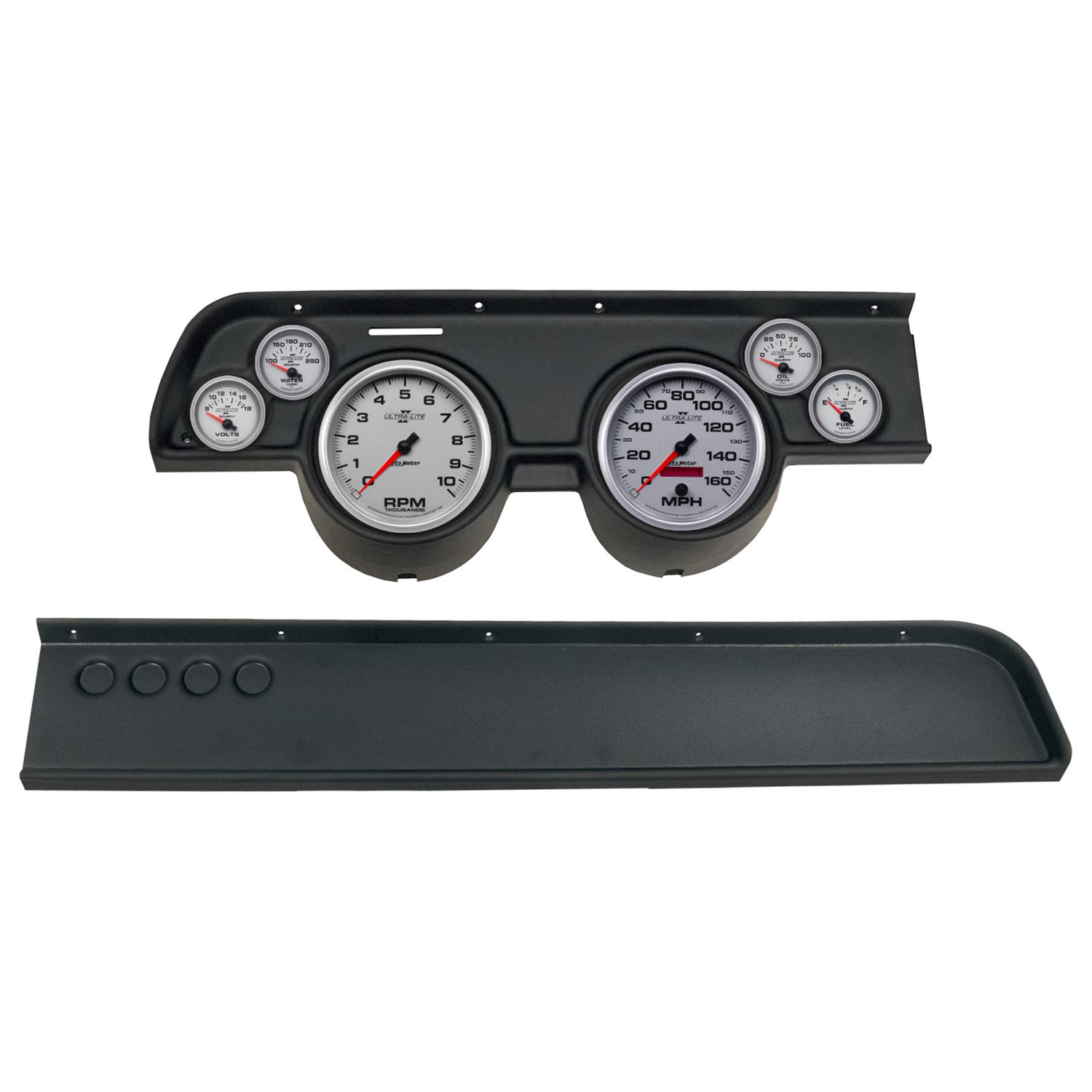 AutoMeter Ultra-Lite II Instrument Clusters for 1967-1968 COUGAR - 2114-14 Gauge Kit, II, Analog, Silver Face, Speedo, Tach, Oil, Water, Volts, Fuel, Black Numbers, Red Pointers, Black Panel, Mercury, No A/C, Kit